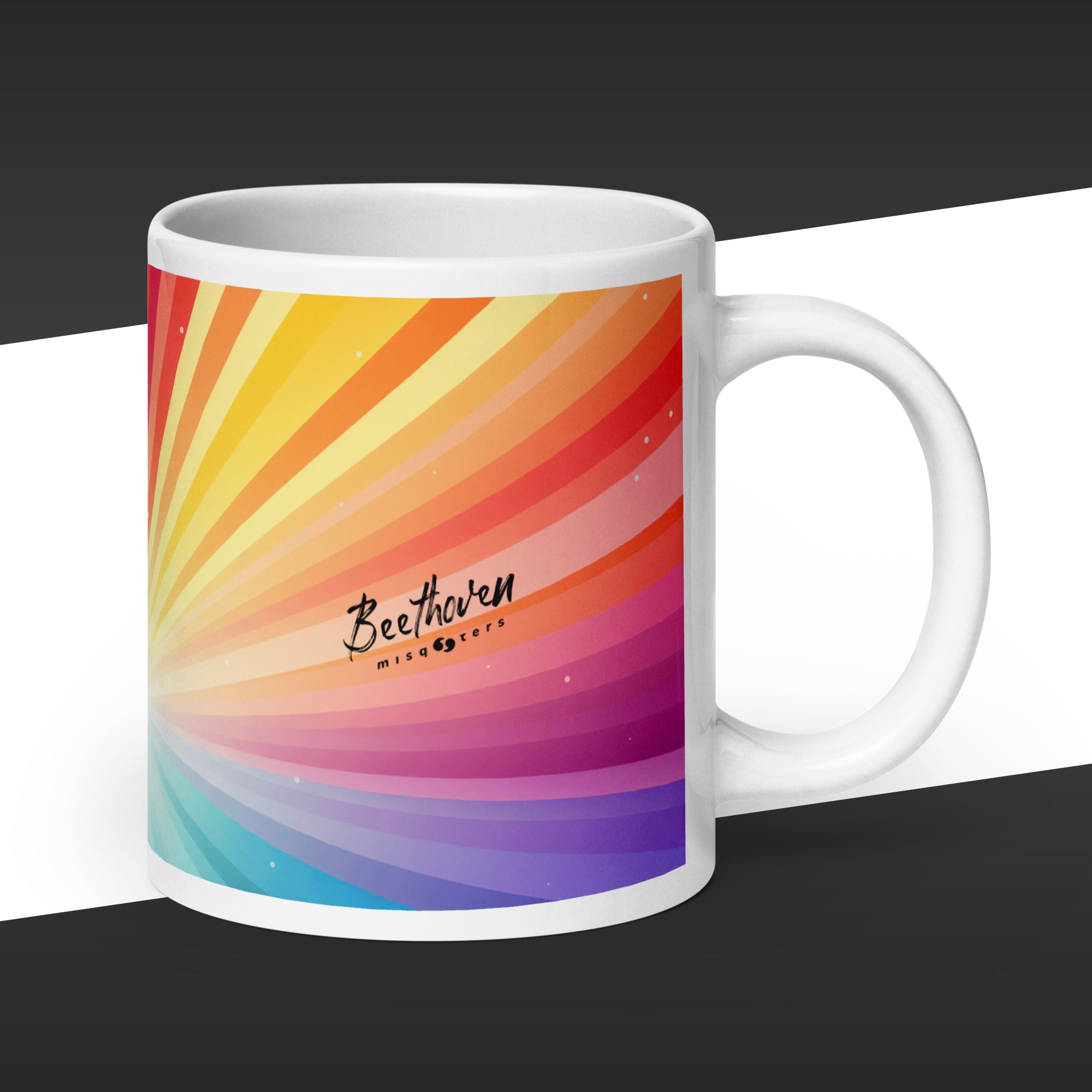 White mug with a colorful sunburst design and 'Beethoven' branding on a black background