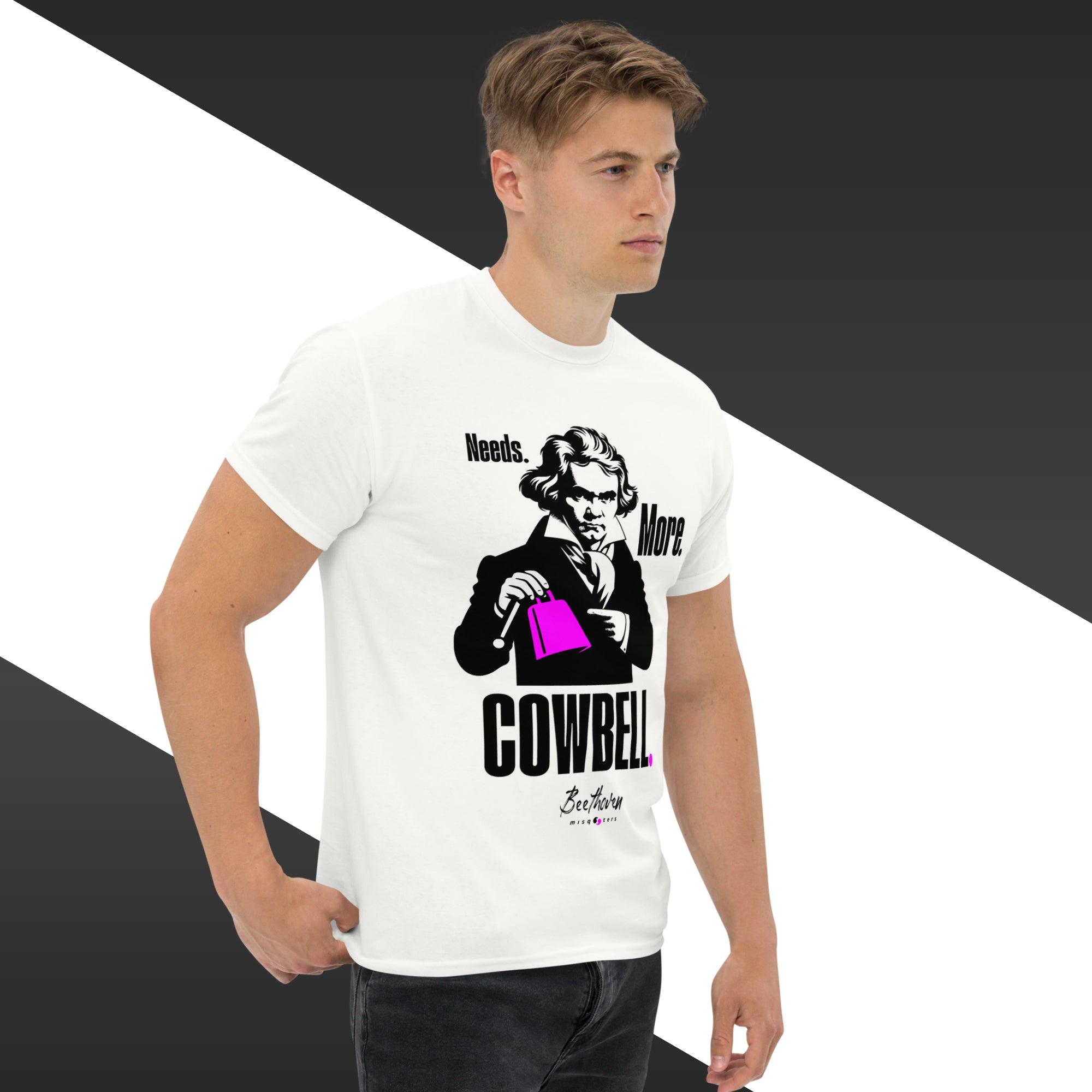 Person wearing a white t-shirt with a graphic design and text on a black and white background