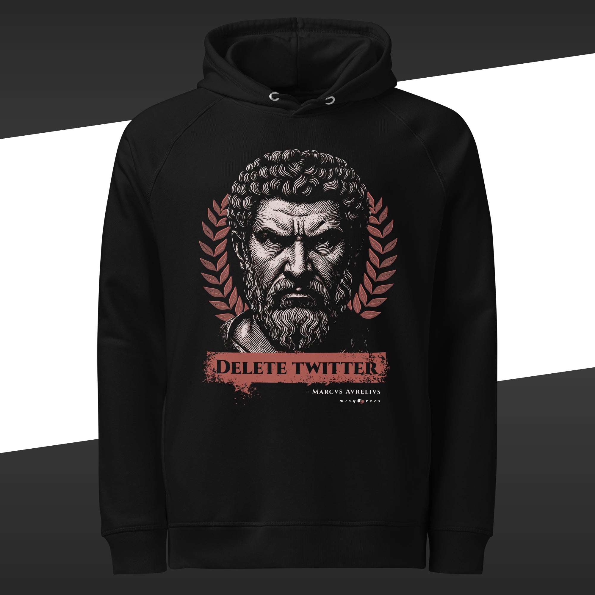 Black hoodie with a graphic of a classical bust of Marcus Aurelius and the fake quote 'Delete Twitter' red text on