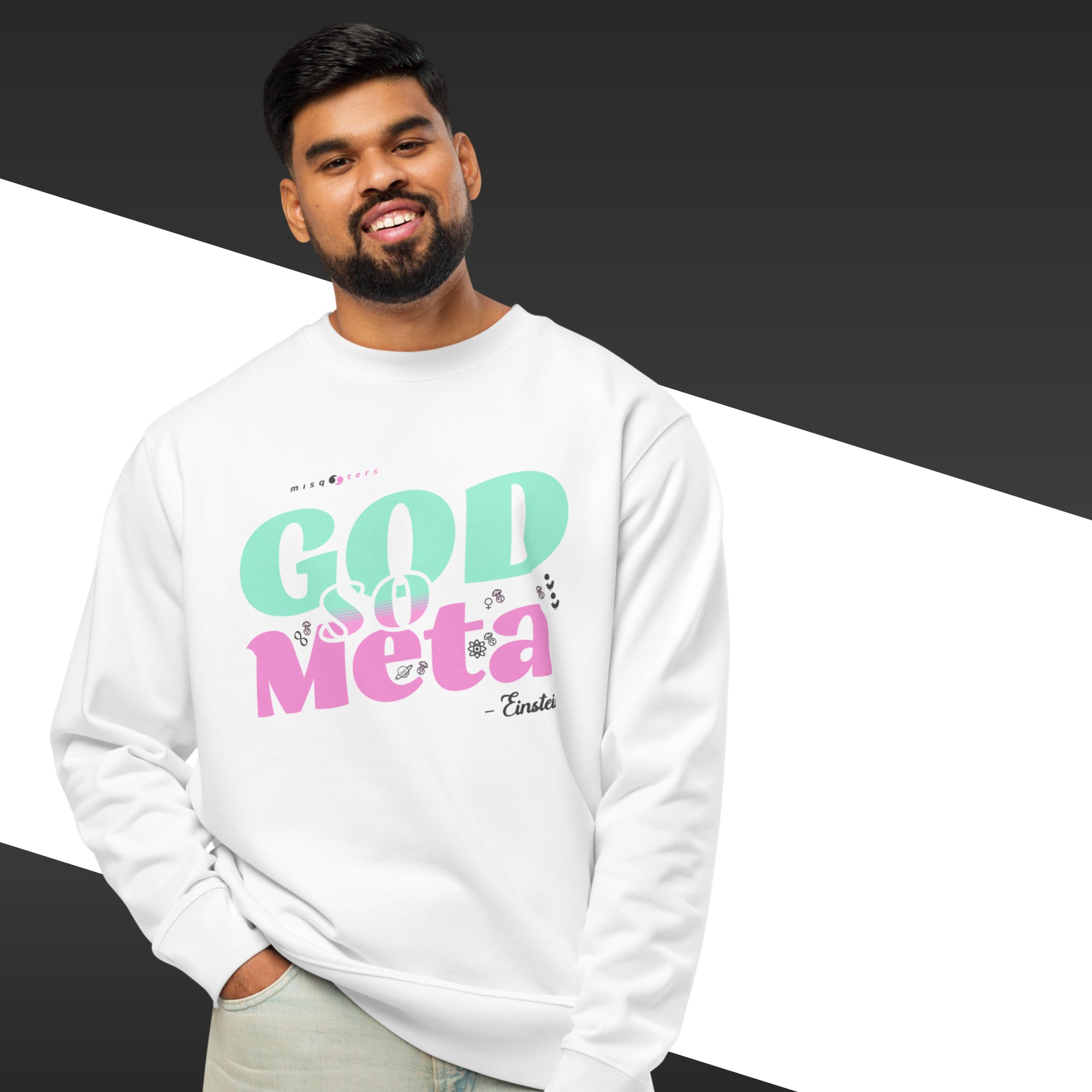 Man wearing a white sweatshirt with colorful text on a black and gray background