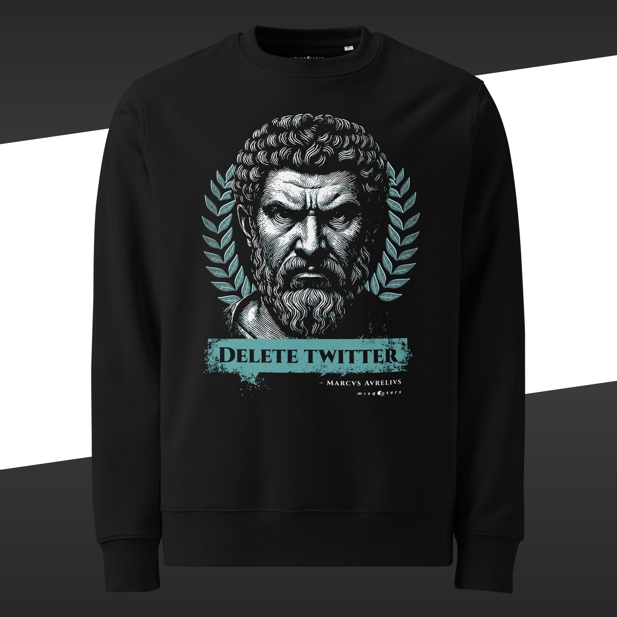 Black sweatshirt with graphic design of Marcus Aurelius looking agressively at us featuring in blue the fake quote "Delete Twitter"