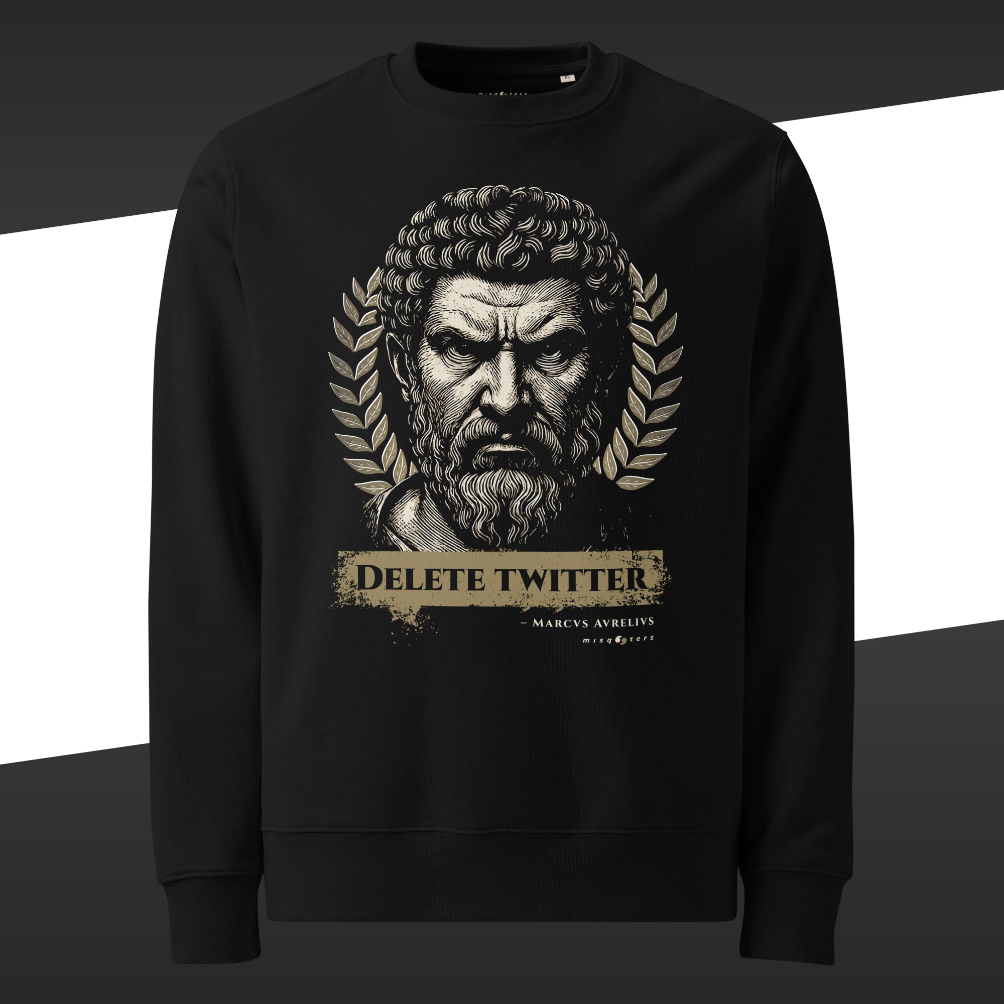 Black sweatshirt with graphic design of Marcus Aurelius looking agressively at us featuring the fake quote "Delete Twitter"