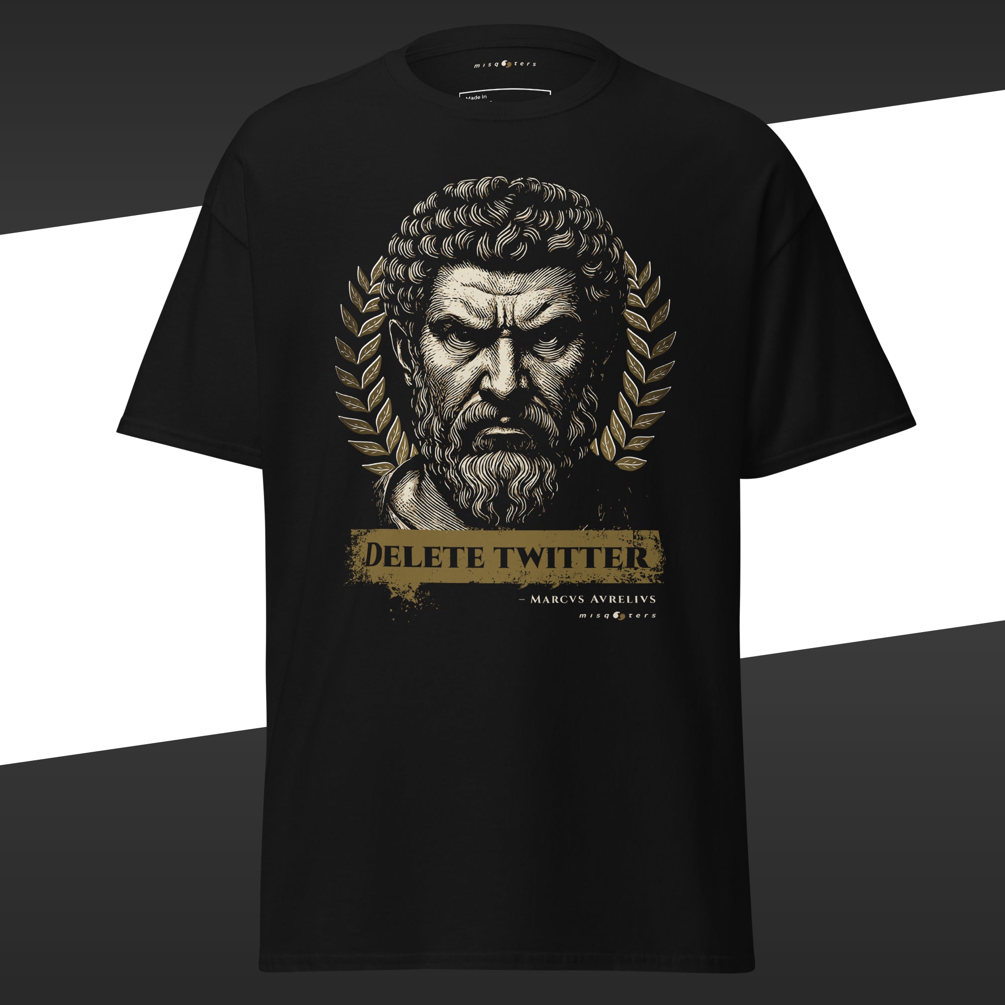 Black t-shirt with graphic design of Marcus Aurelius looking agressively at us featuring the fake quote "Delete Twitter"