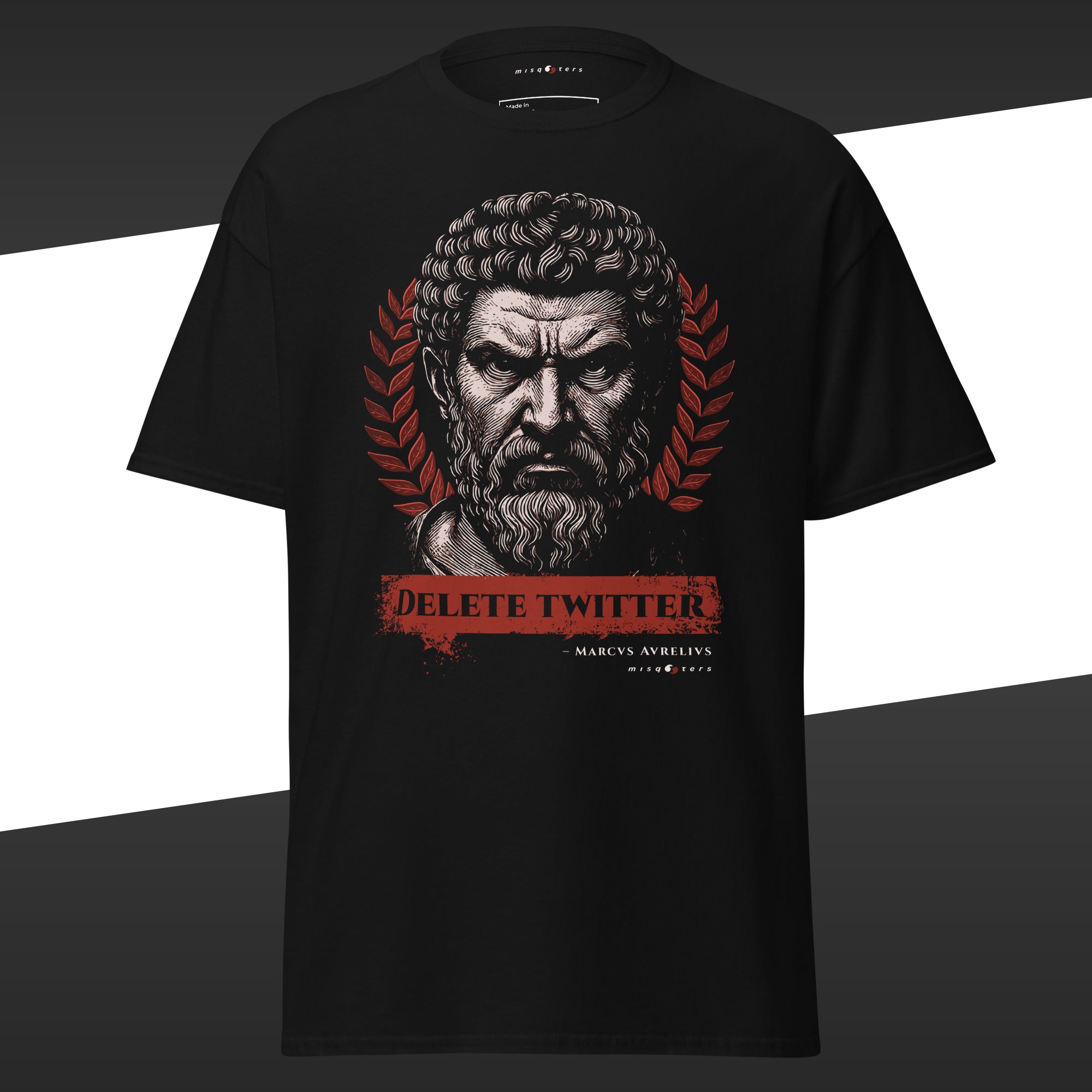 Black t-shirt with graphic design of Marcus Aurelius looking agressively at us featuring the fake quote in red "Delete Twitter"