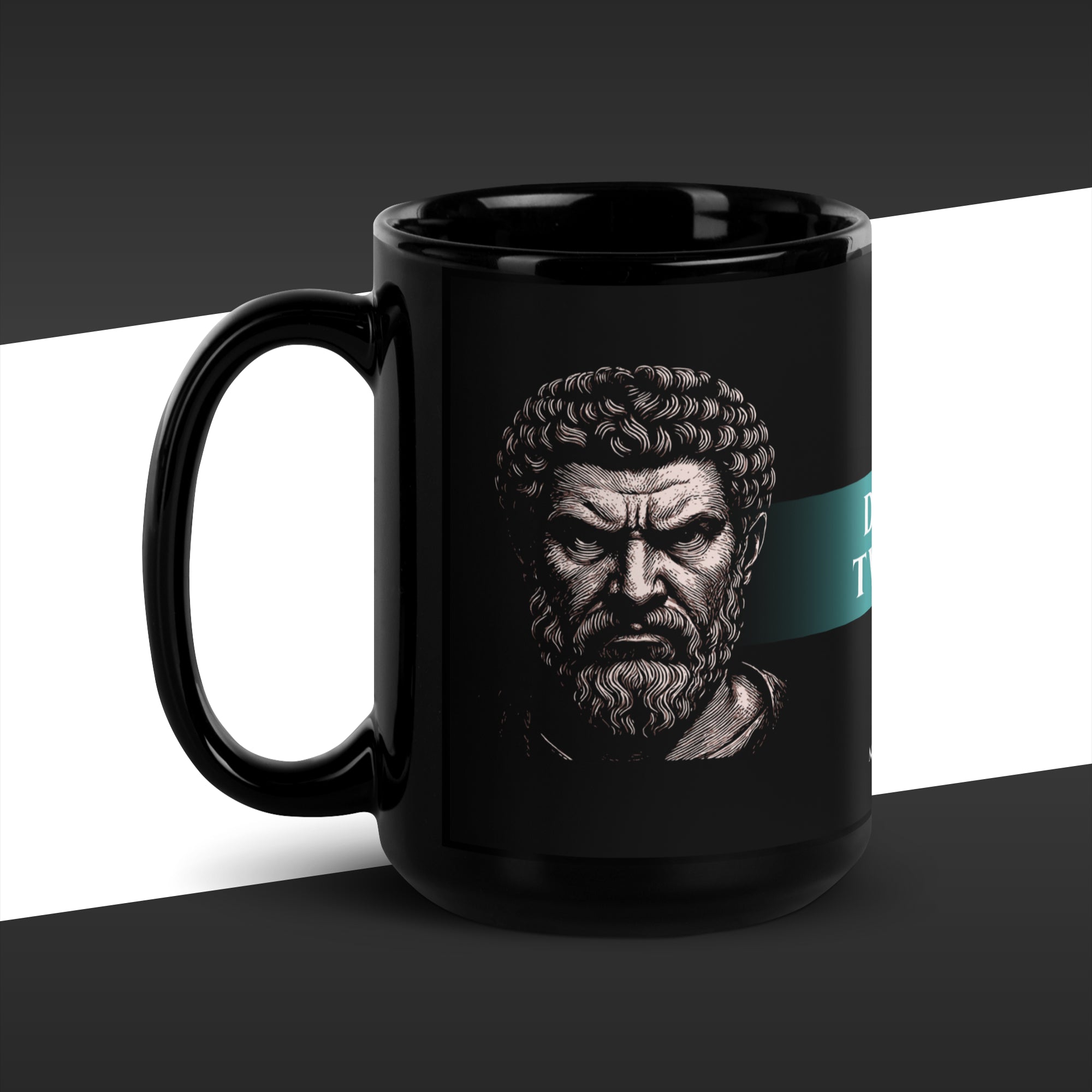 Black mug with a white and green graphic of a classical bust of Marcus Aurelius on