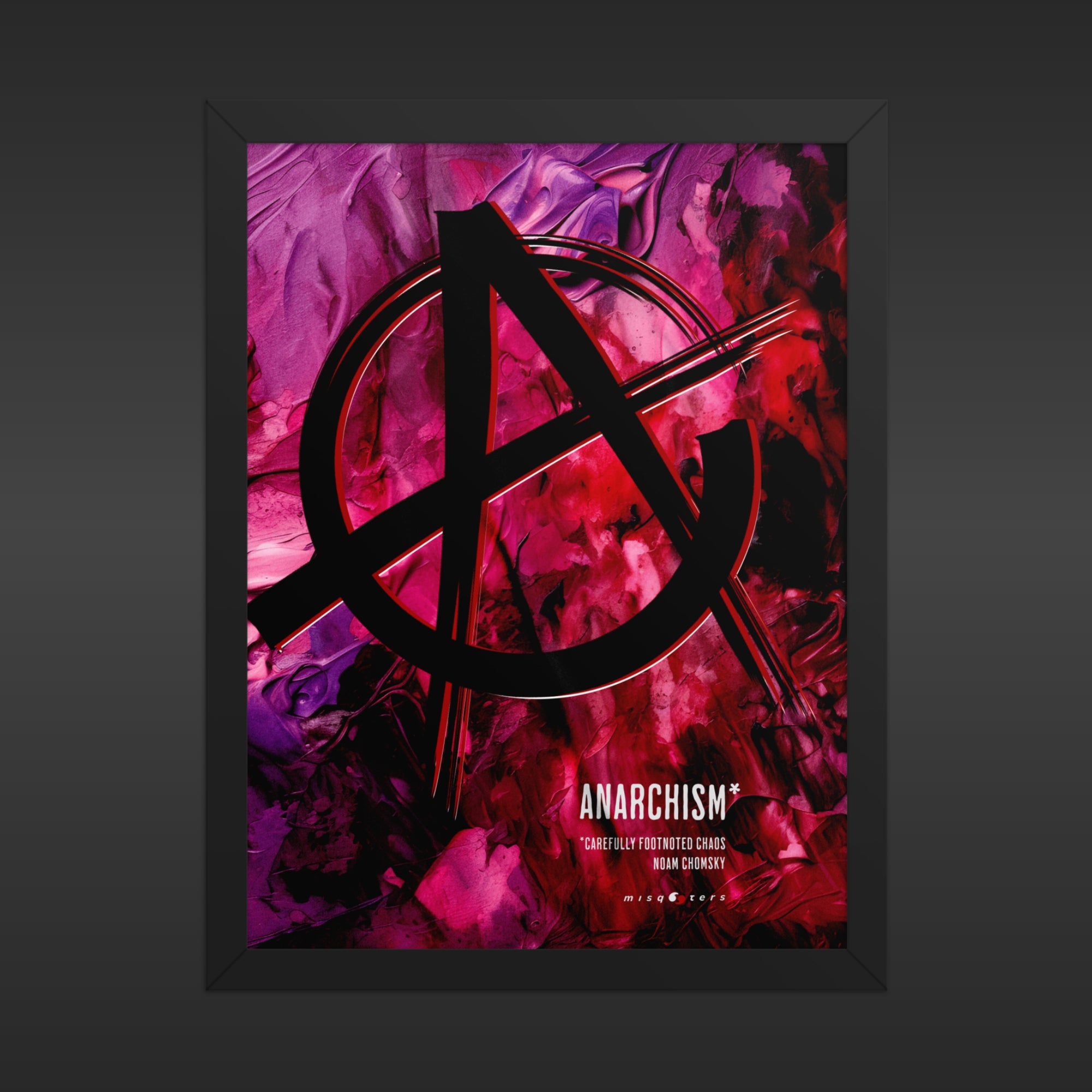 Framed poster with an anarchy symbol on a pink and red abstract background