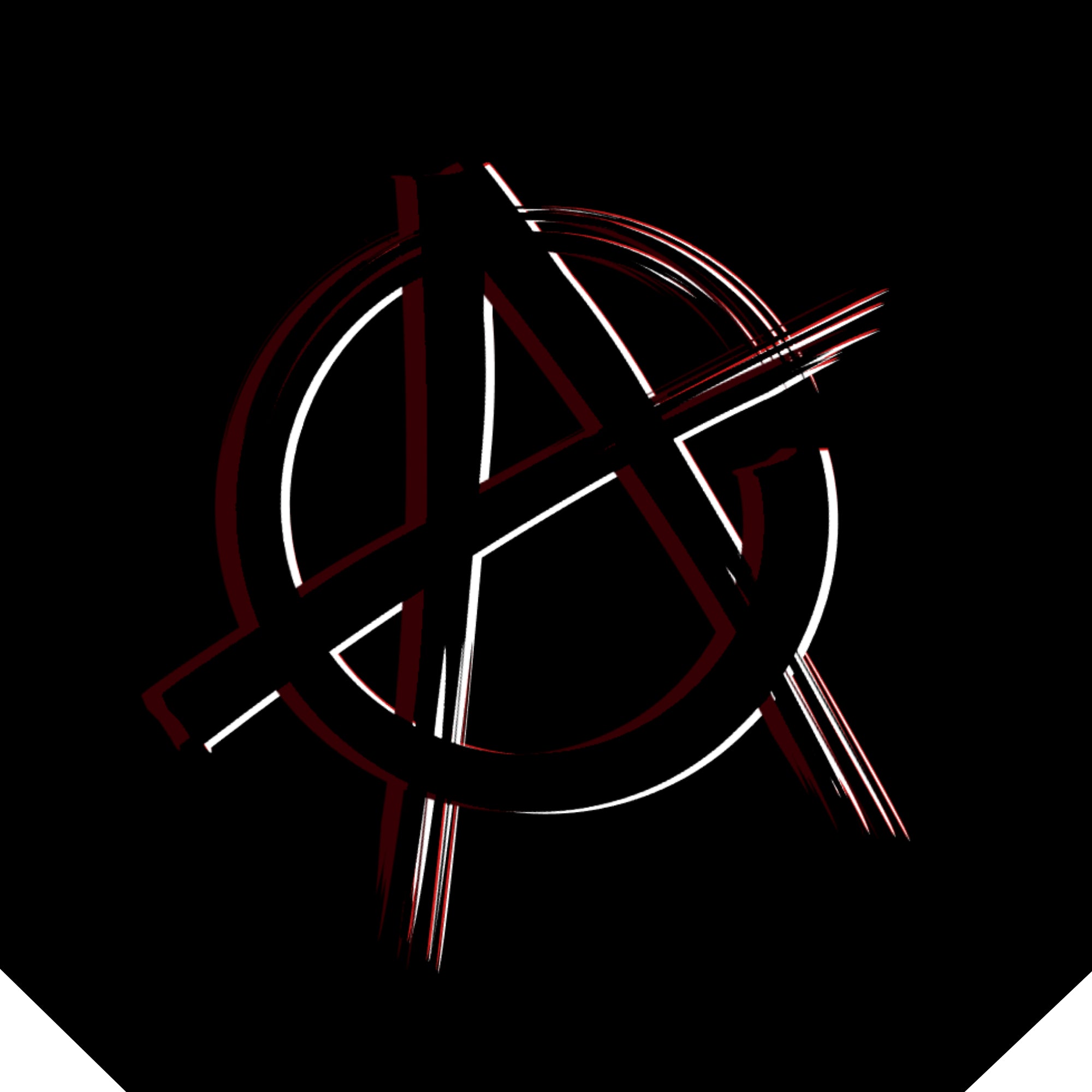 Zoom on mug design of the anarchism symbol in red and white on a black background