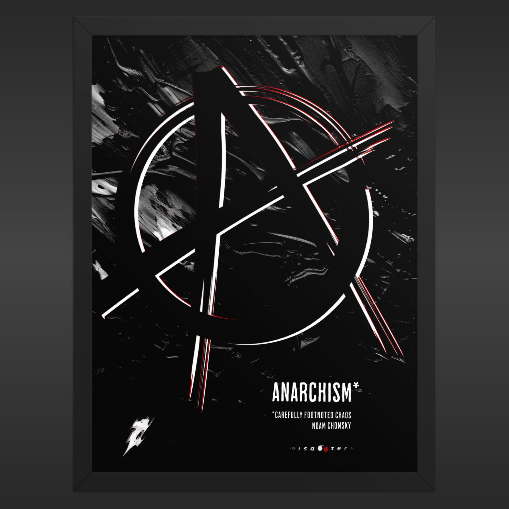 Framed poster with an anarchy symbol design on a dark background