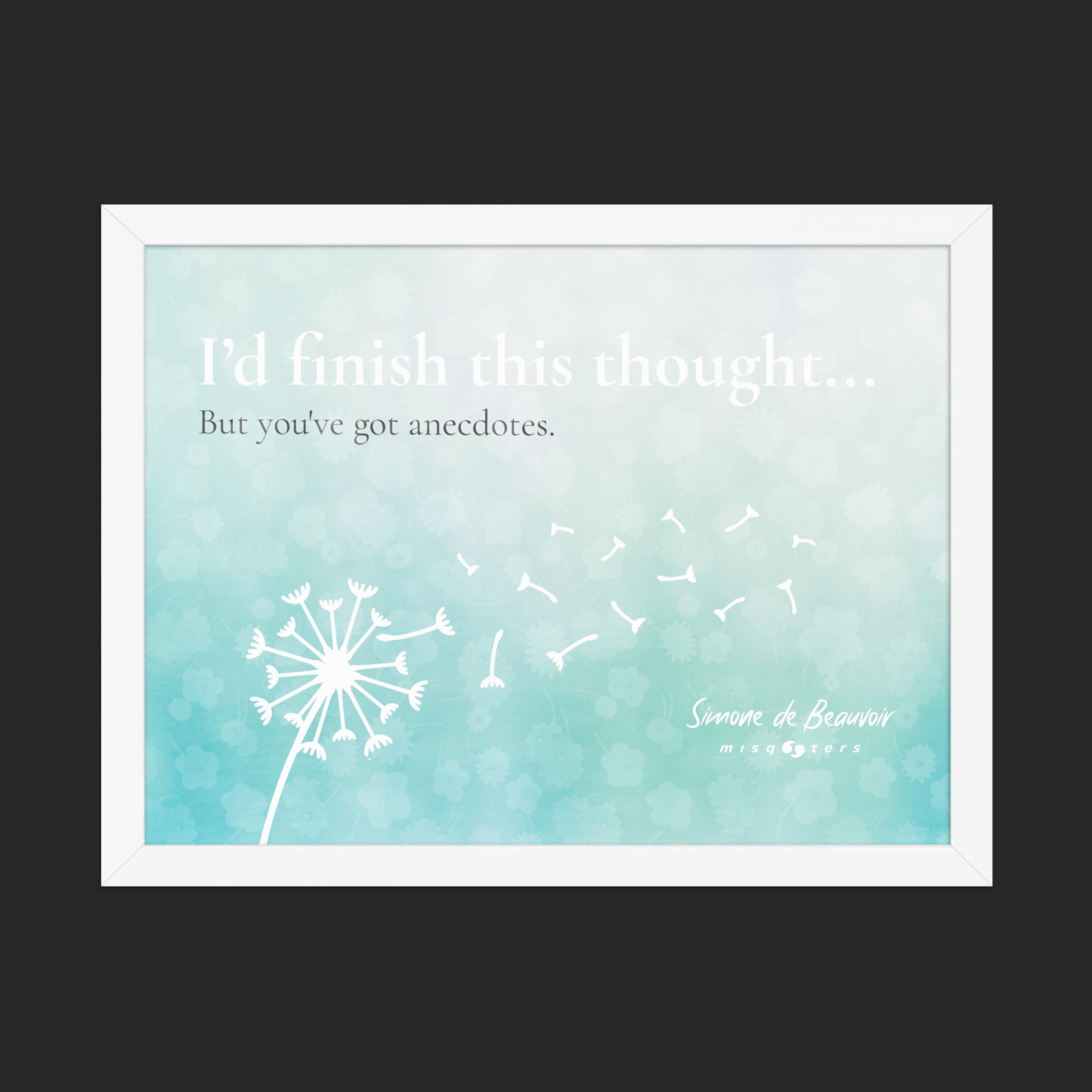 Framed artwork with dandelion illustration and text on a teal gradient background
