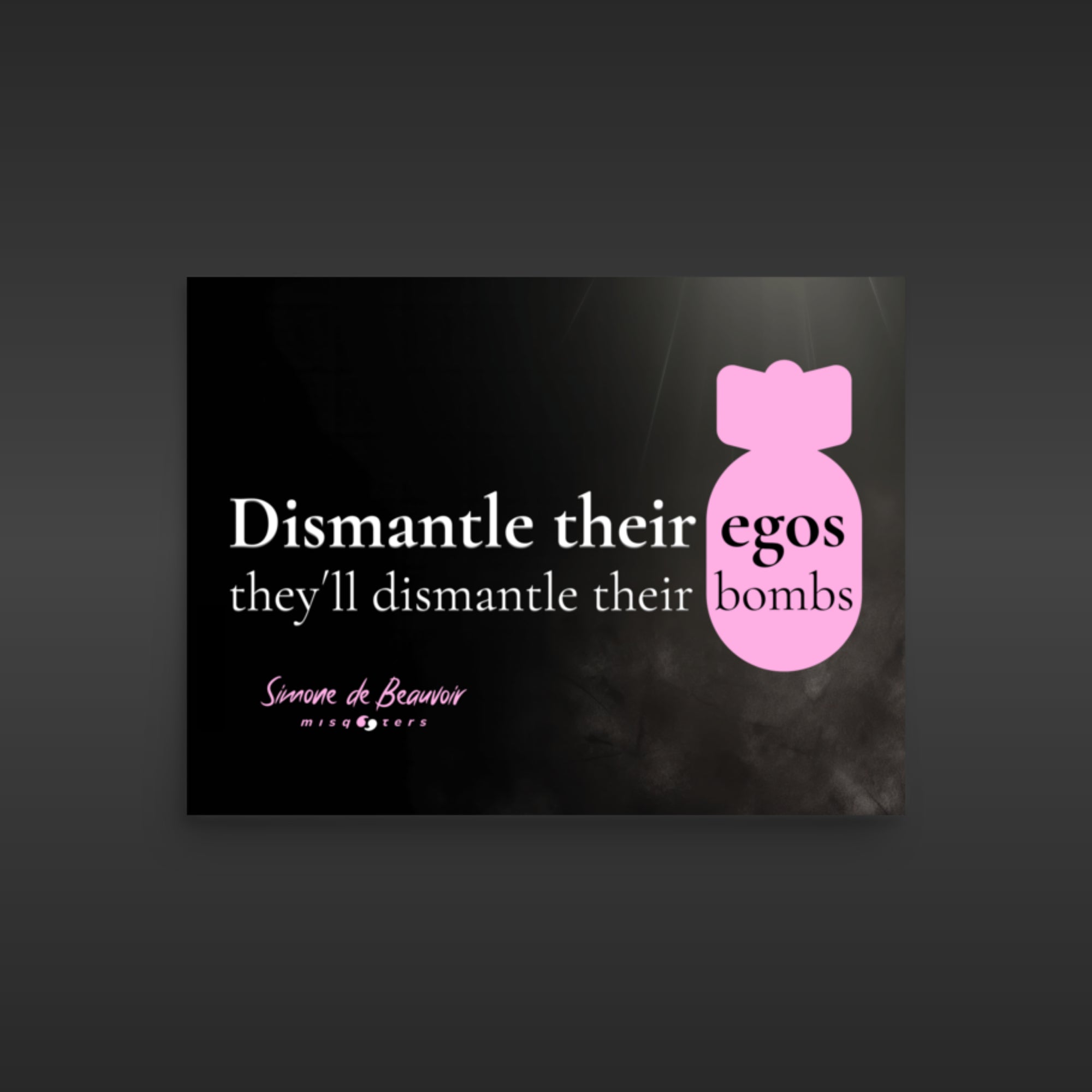 Black poster with pink bomb graphic and white text on a dark background