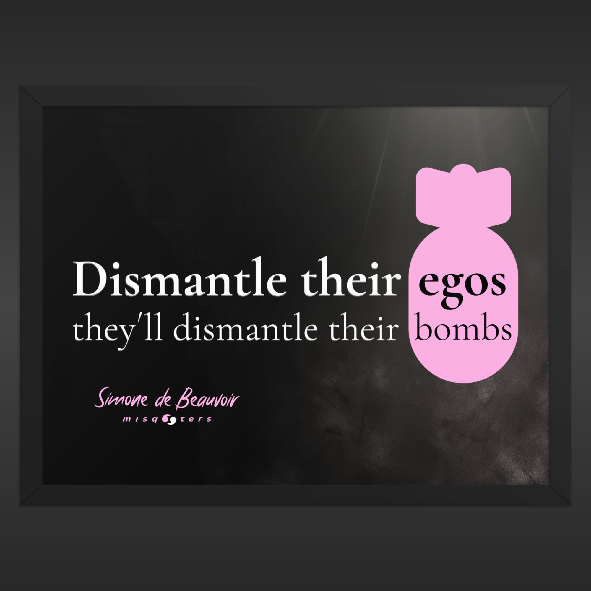Framed artwork with a pink bomb graphic and text on a dark background