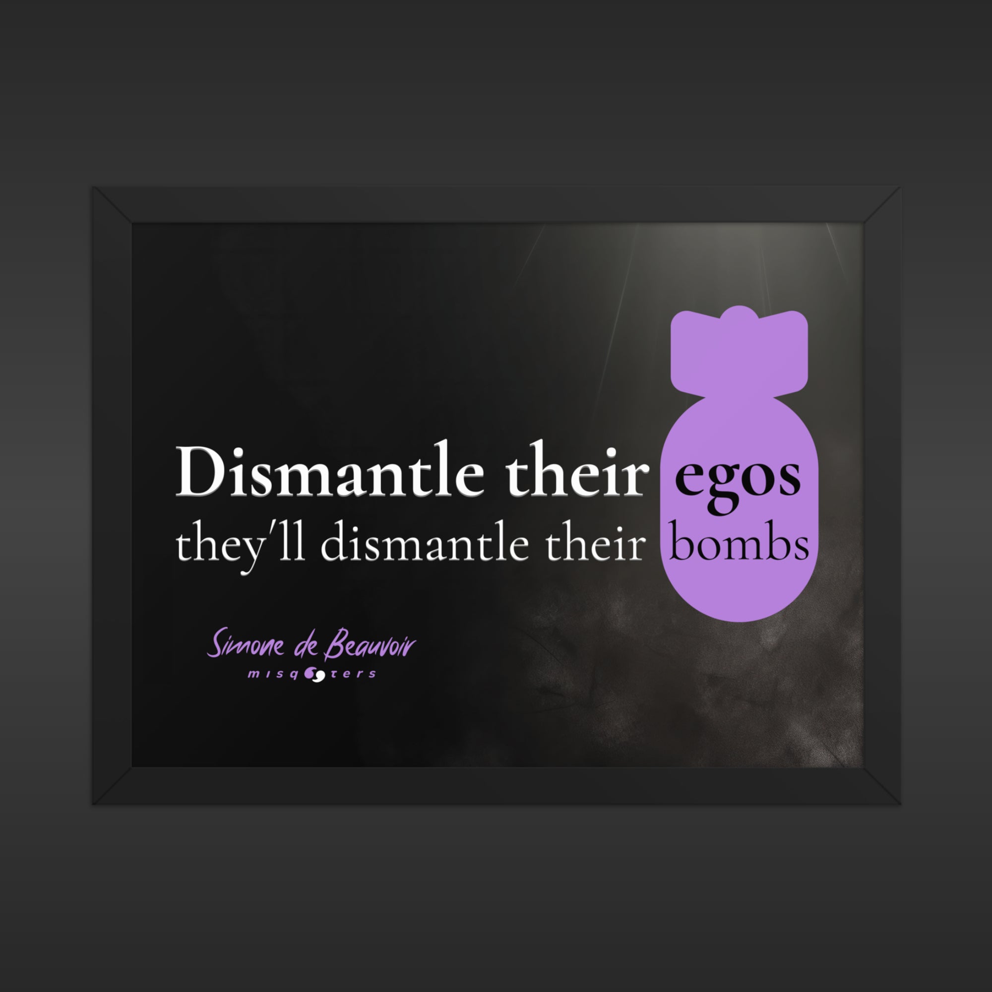 Framed artwork with a purple bomb icon and text on a dark background