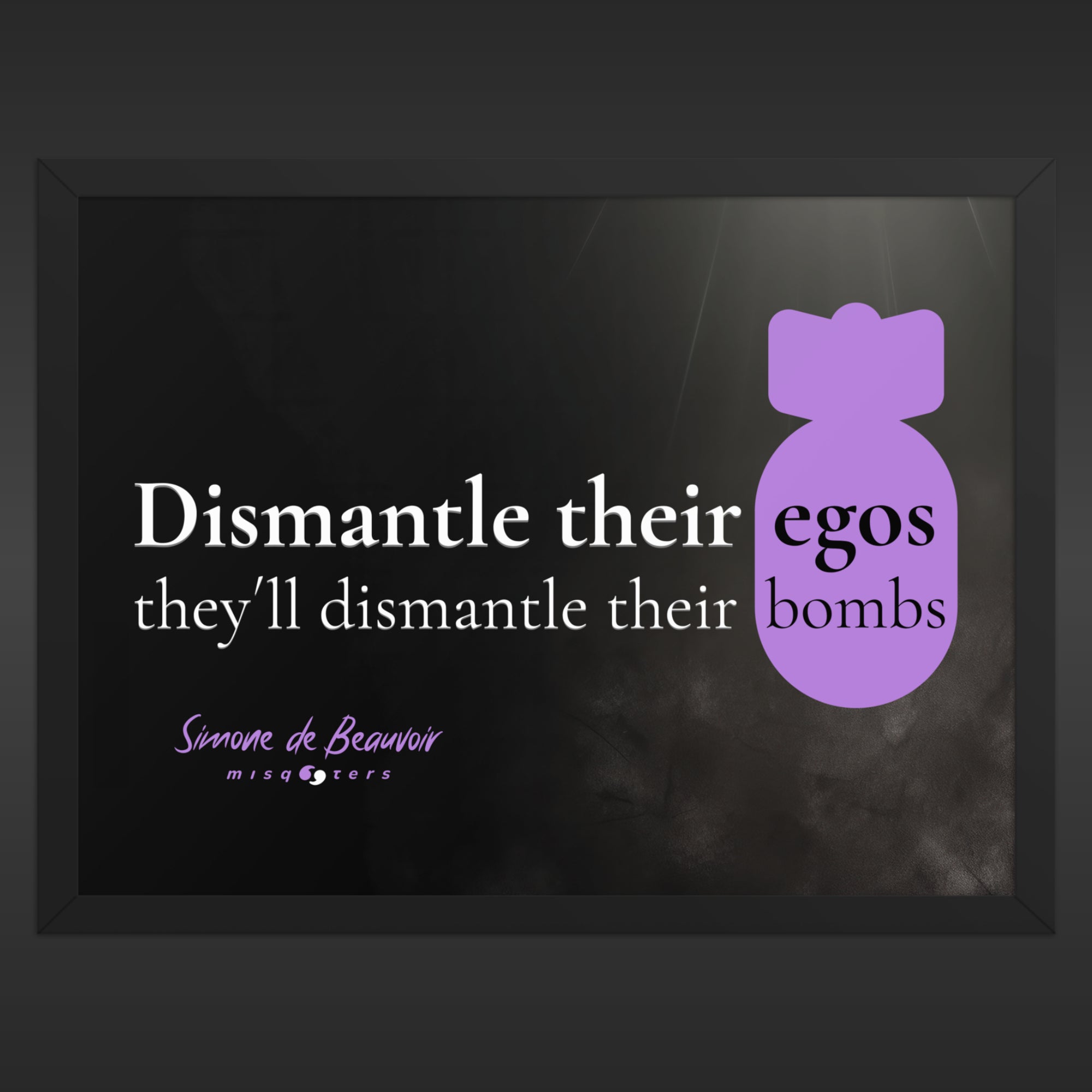 Framed artwork with a purple bomb icon and text on a dark background