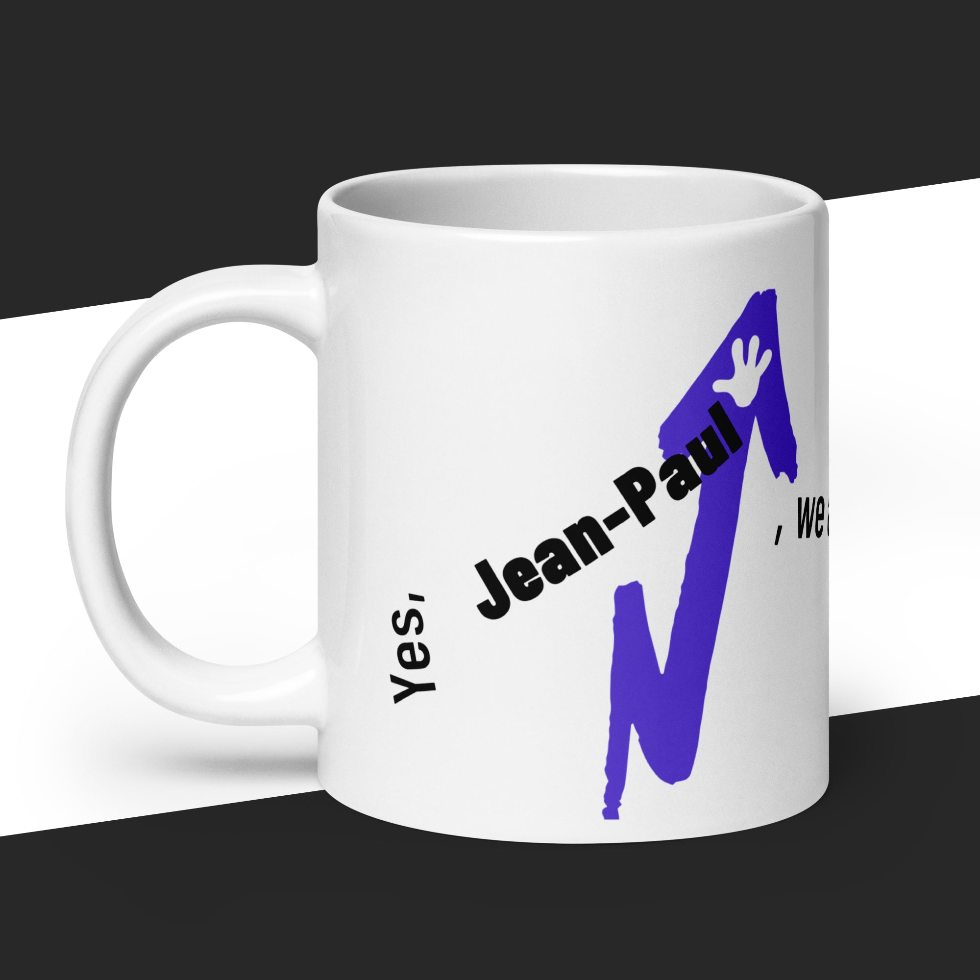White mug with a purple and white graphic design and the fake quote "Yes, Jean-Paul, we all noticed you´re here" by Simone de Beauvoir on it.