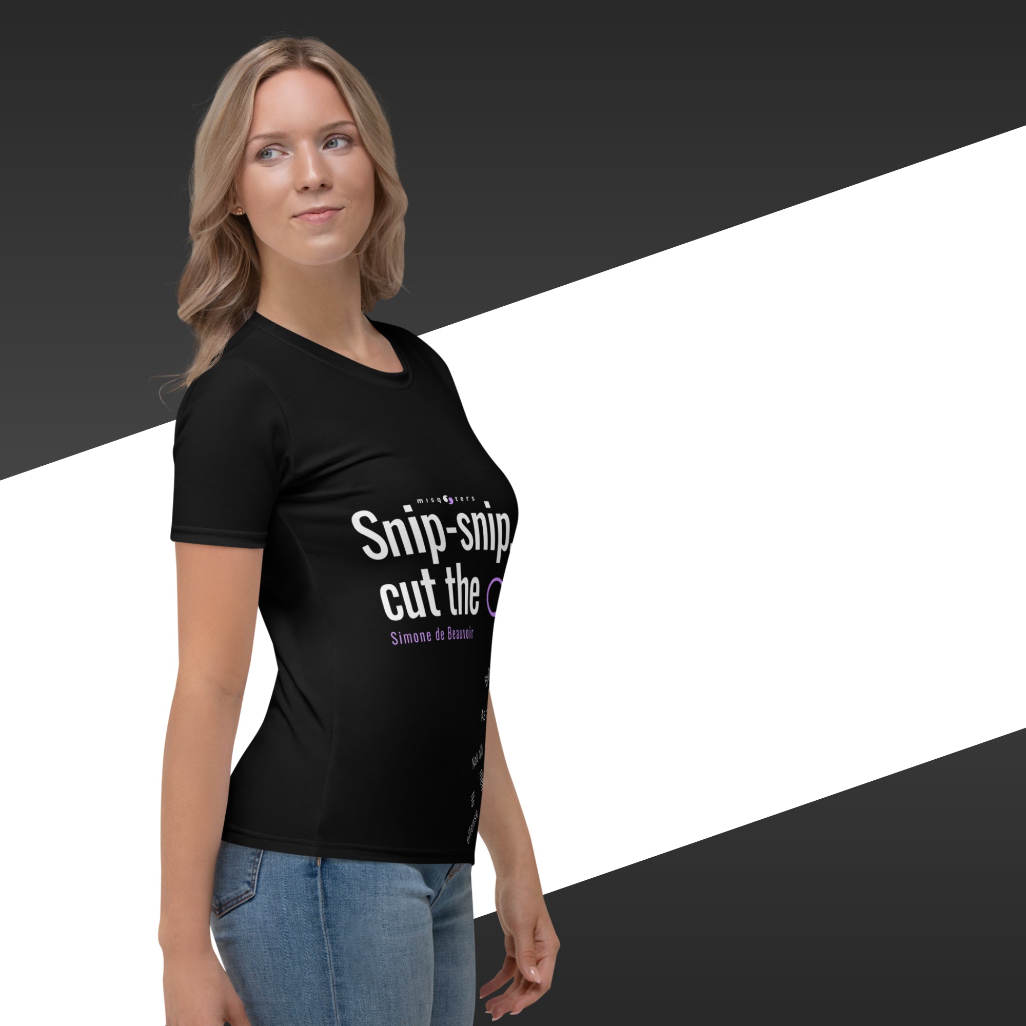 Woman wearing a black t-shirt with text on a white and black background