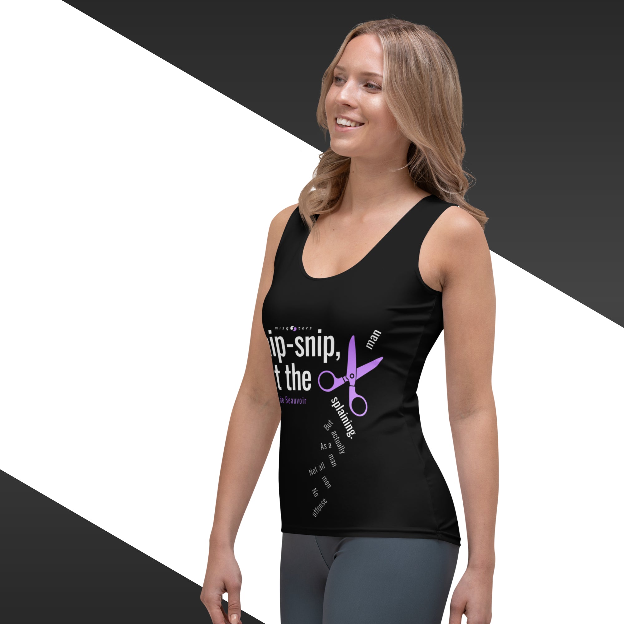 Black tank top with white and purple text and graphics featuring the fake quote "Snip-snip, cut the mansplaining" by Simone de Beauvoir