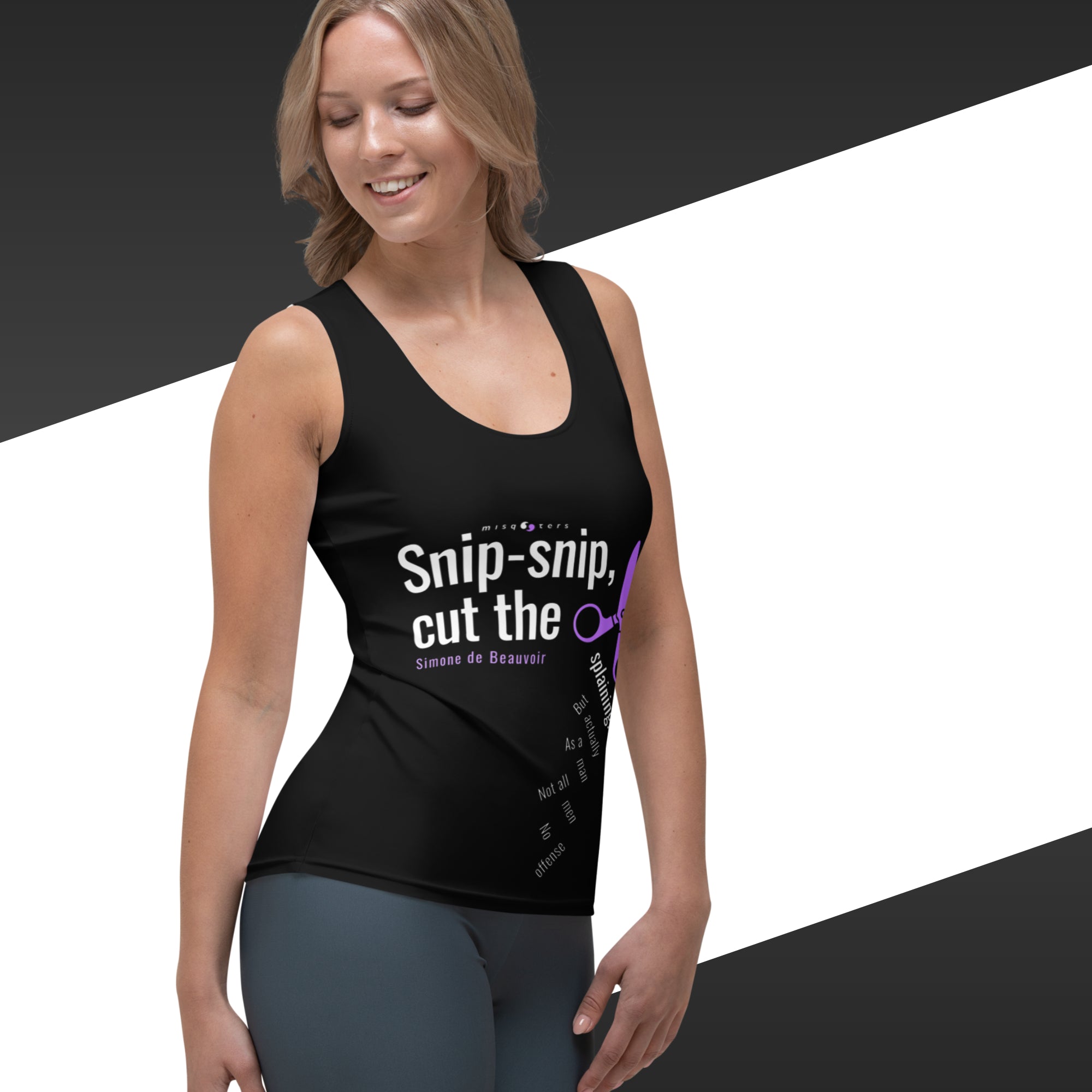 Black tank top with white and purple text and graphics featuring the fake quote "Snip-snip, cut the mansplaining" by Simone de Beauvoir