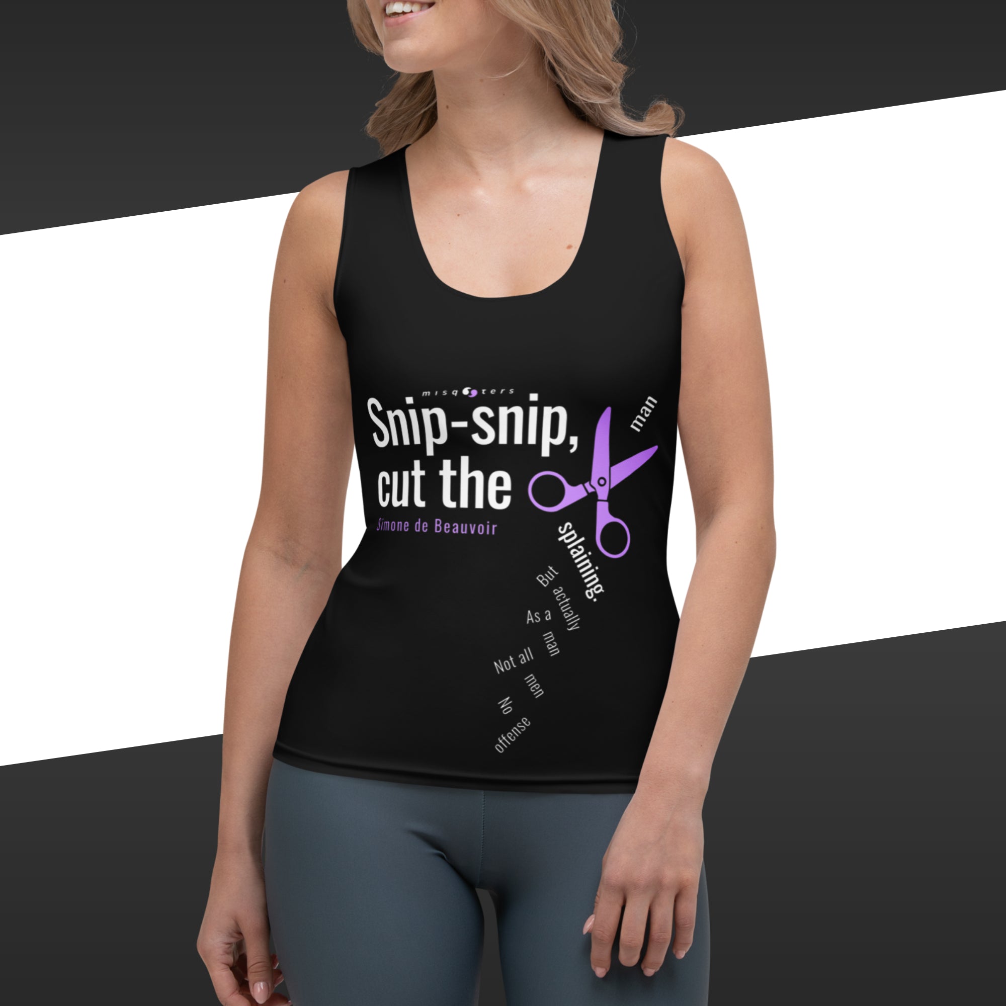 Black tank top with white and purple text and graphics featuring the fake quote "Snip-snip, cut the mansplaining" by Simone de Beauvoir