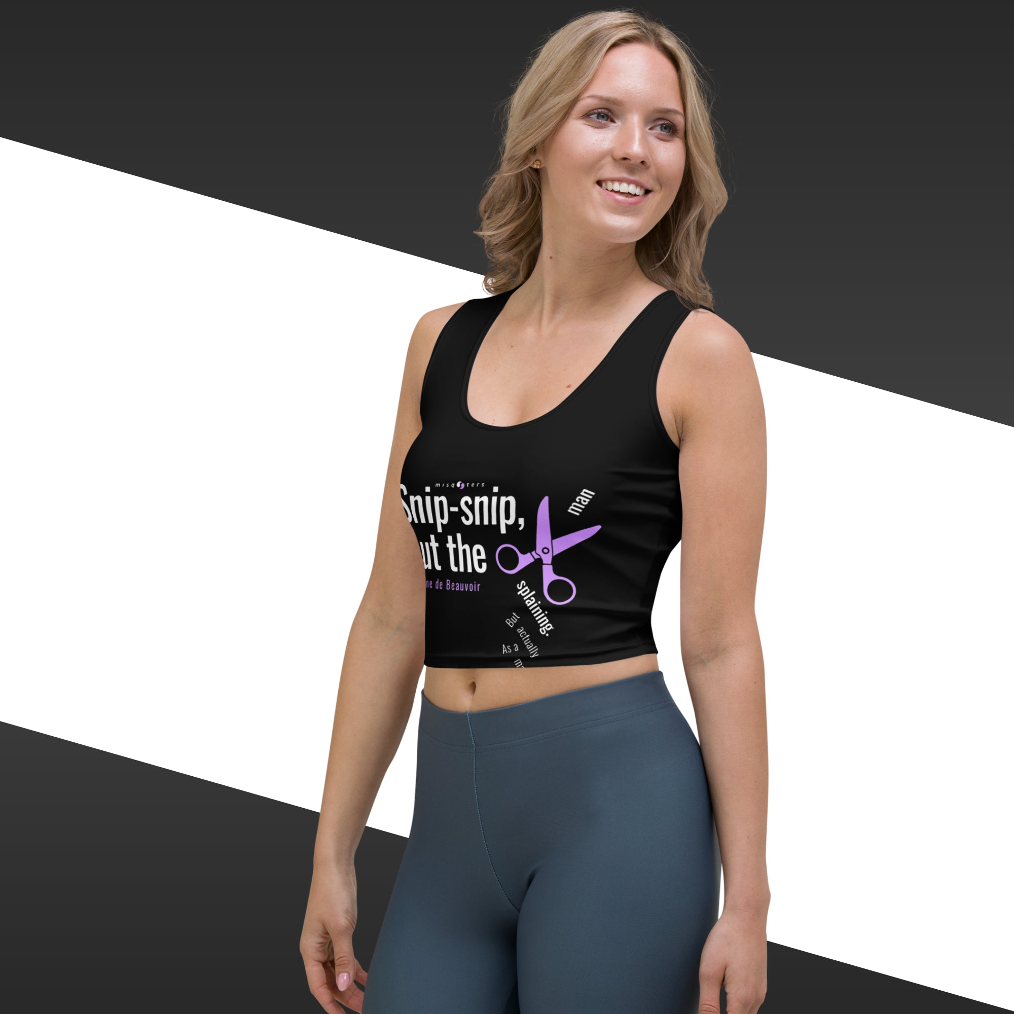 Woman wearing a black tank top with text and graphics on a white background