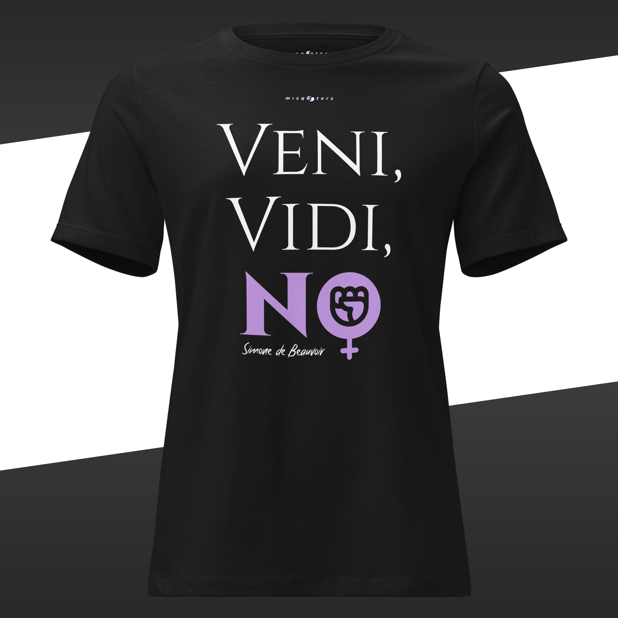 Black t-shirt with white and purple text and graphics featuring the fake quote "Veni, vidi, no" by Simone de Beauvoir