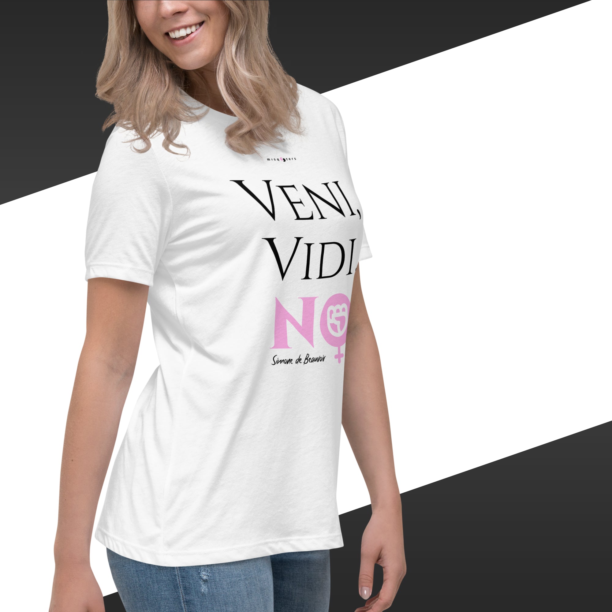 Person wearing a white t-shirt with text design on a black and white background