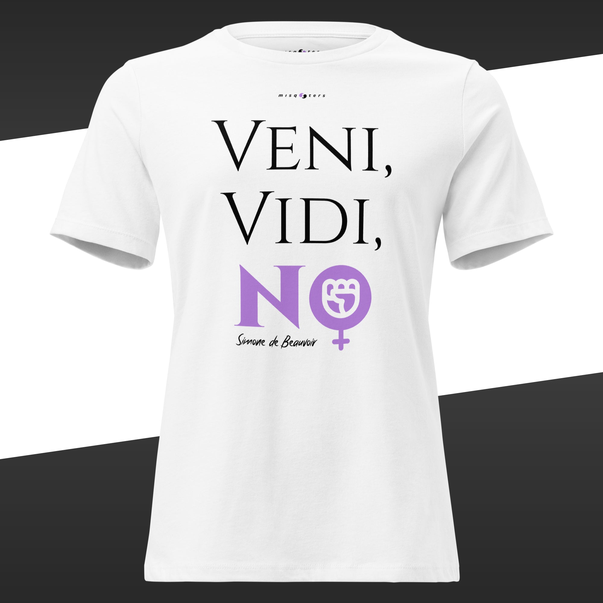 White t-shirt with white and purple text and graphics featuring the fake quote "Veni, vidi, no" by Simone de Beauvoir