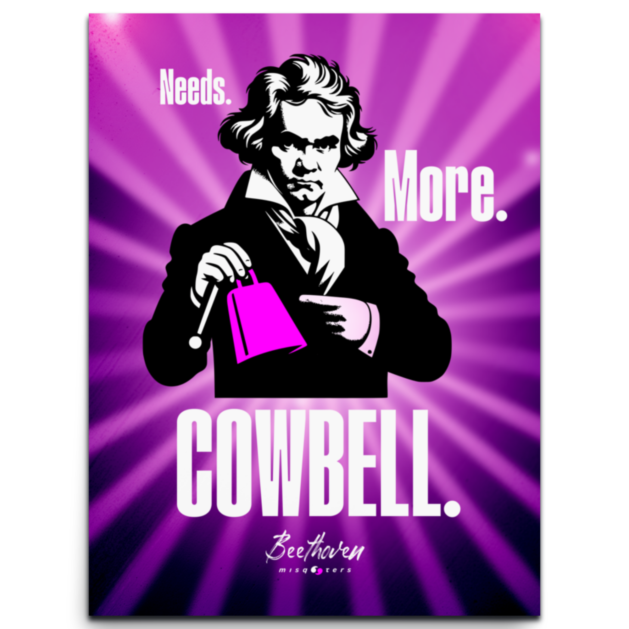Stylized poster of a classical composer with text 'Needs. More. Cowbell.' on a purple background