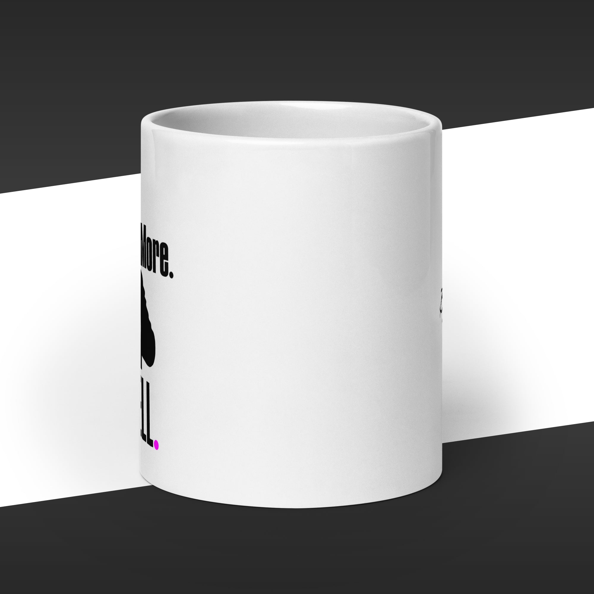 White mug with black text on a white background