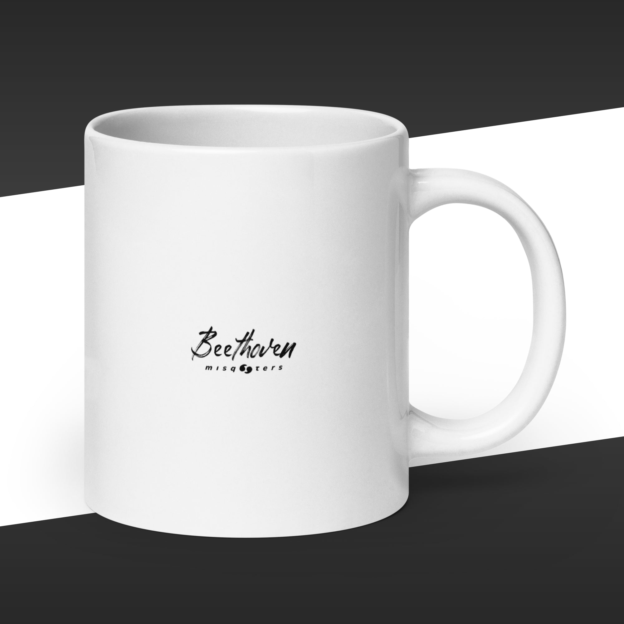 White mug with 'Beethoven' branding on a black and white background