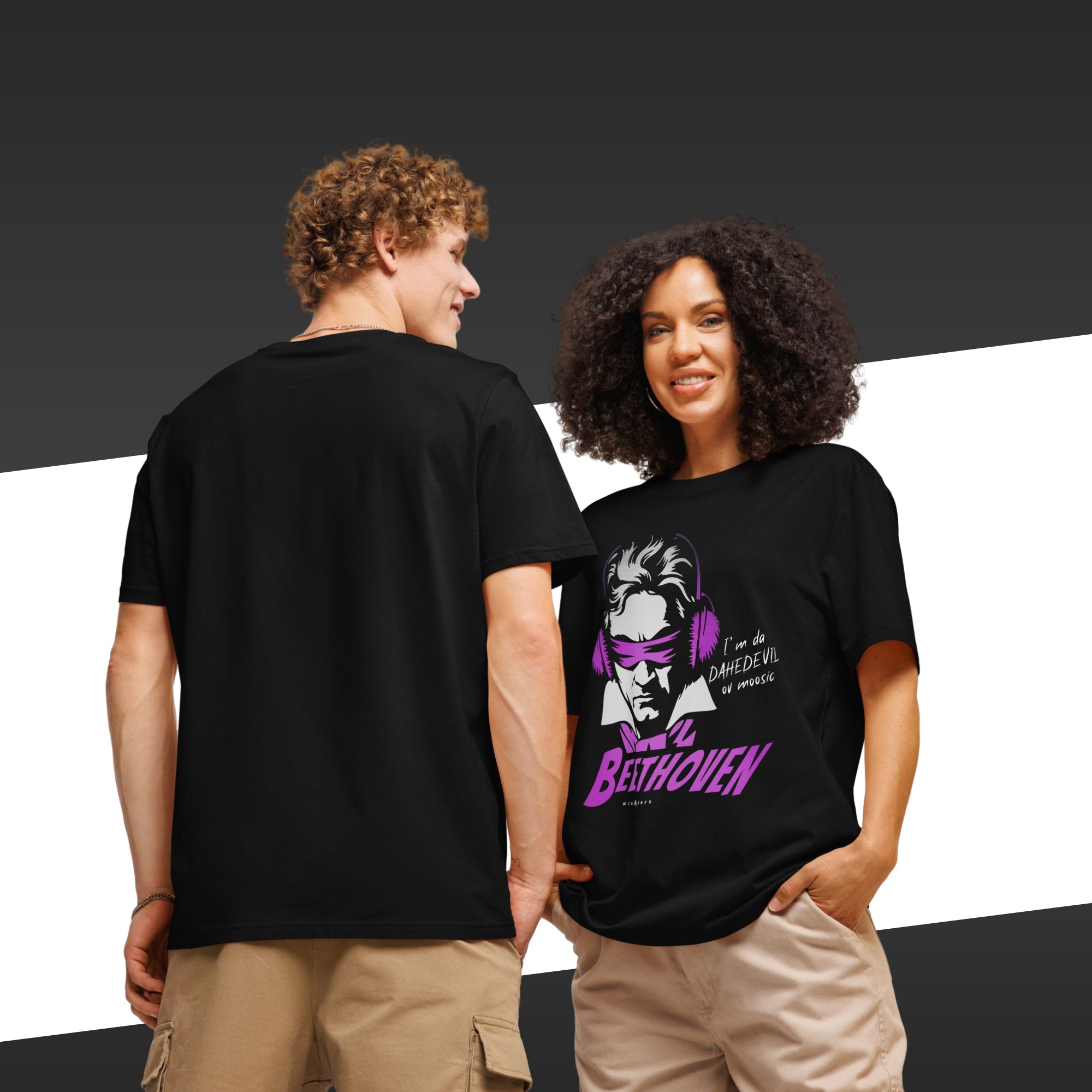 Two people wearing black t-shirts with a graphic design and text.