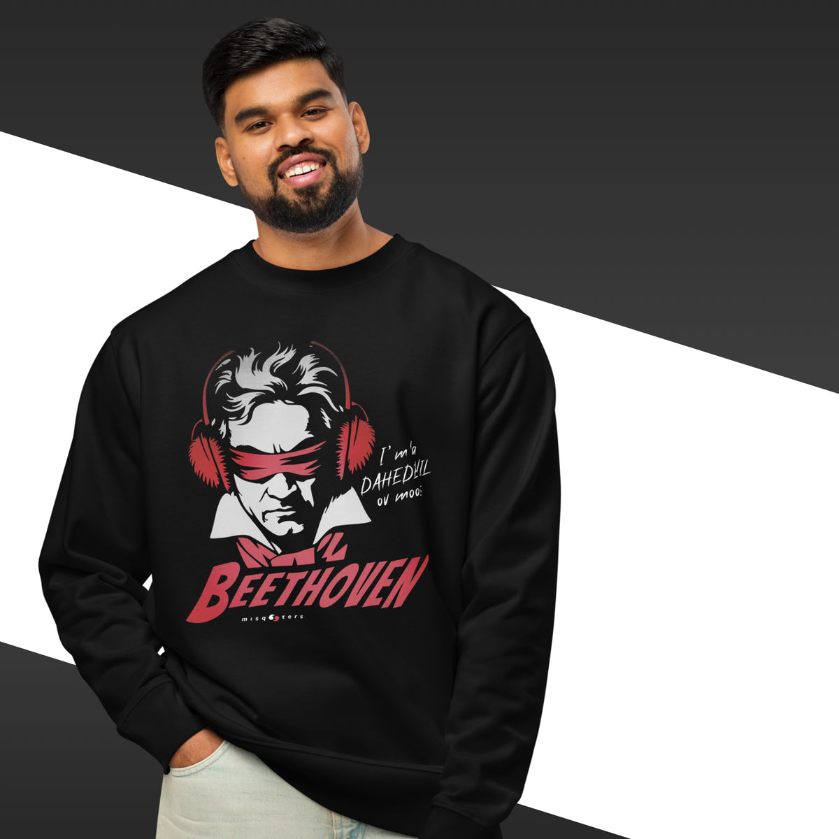 Person wearing a black sweatshirt with a graphic design of Beethoven, standing against a gradient background.
