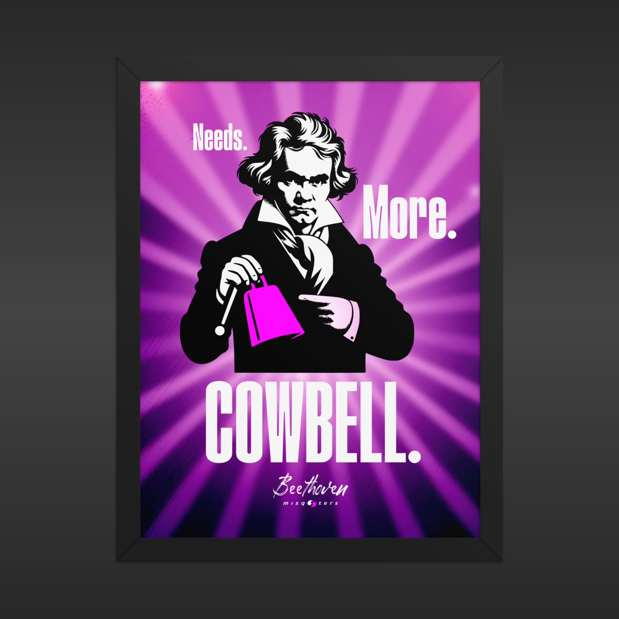 Framed poster with a stylized portrait of a man holding a pink cowbell against a purple background with text.