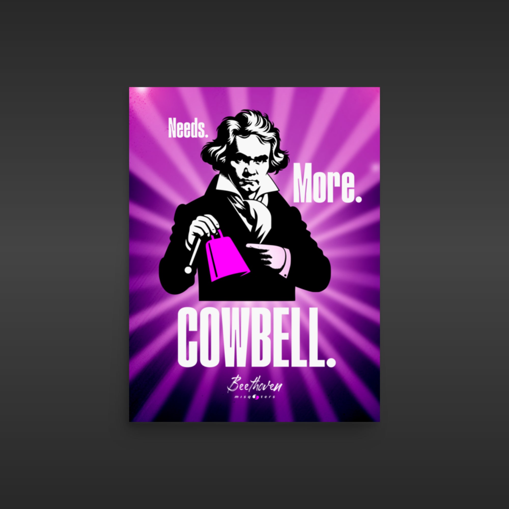 Poster with a stylized depiction of a classical composer holding a cowbell against a purple background.