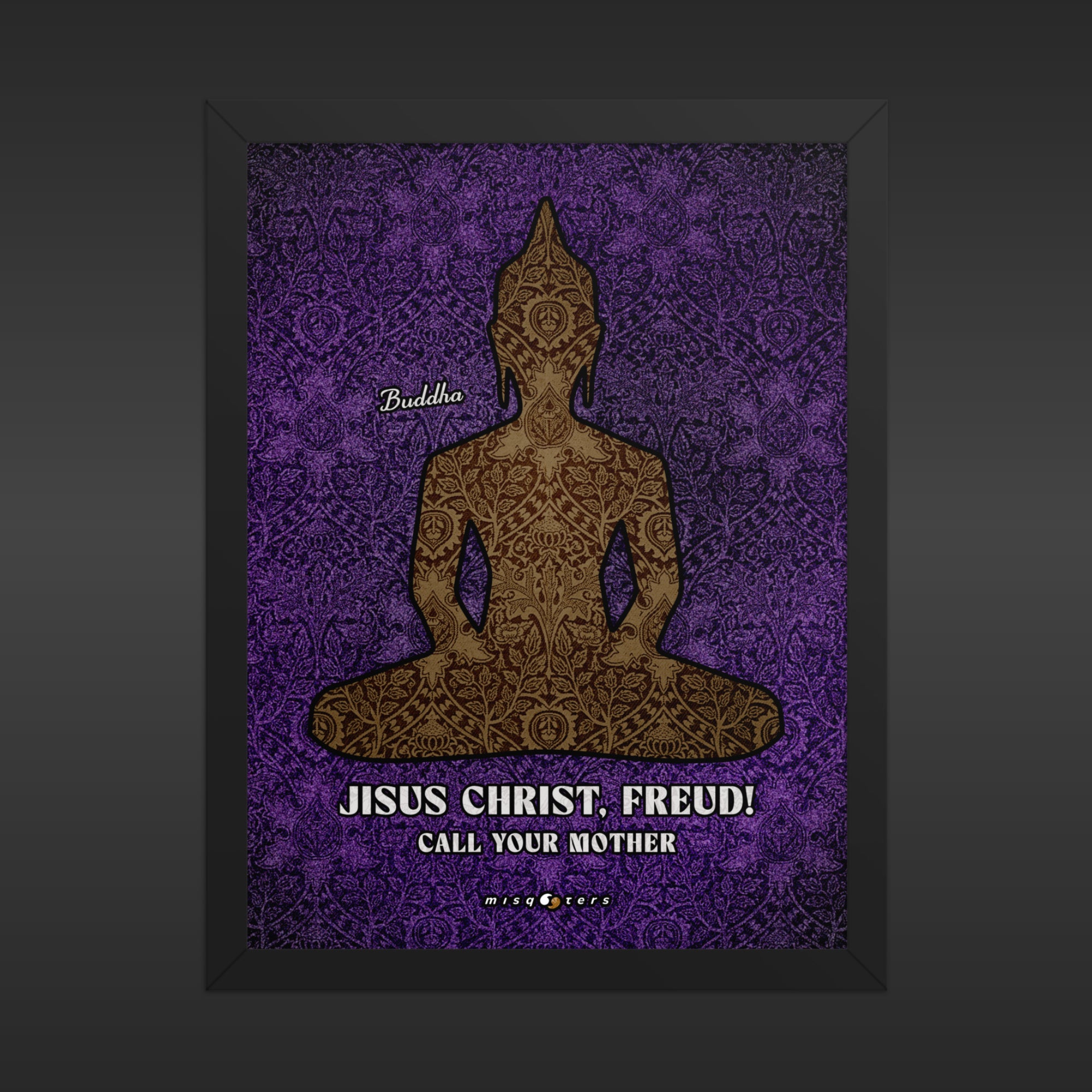 Decorative poster with a Buddha silhouette on a purple background with text.