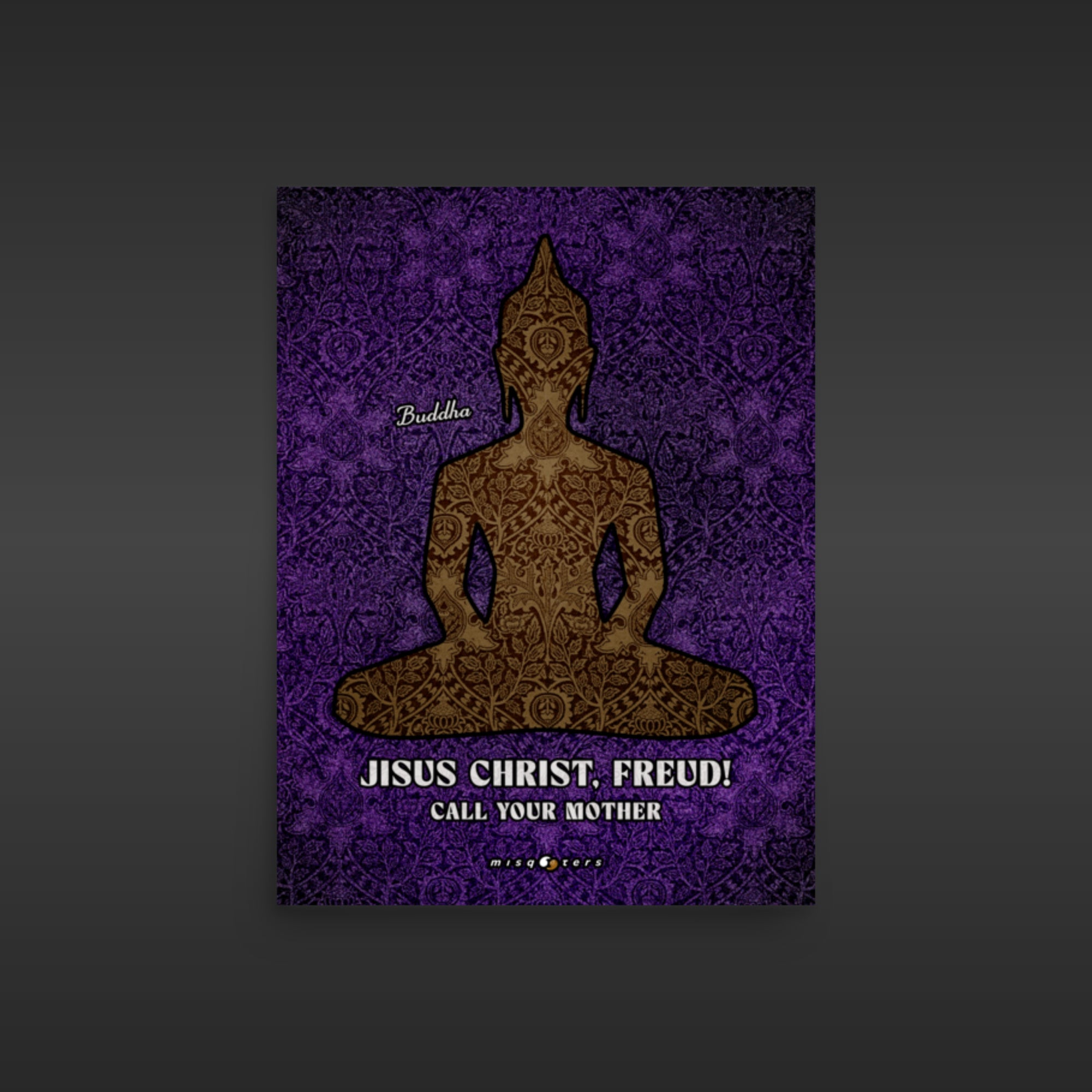 Purple poster with a Buddha illustration and text on a dark background