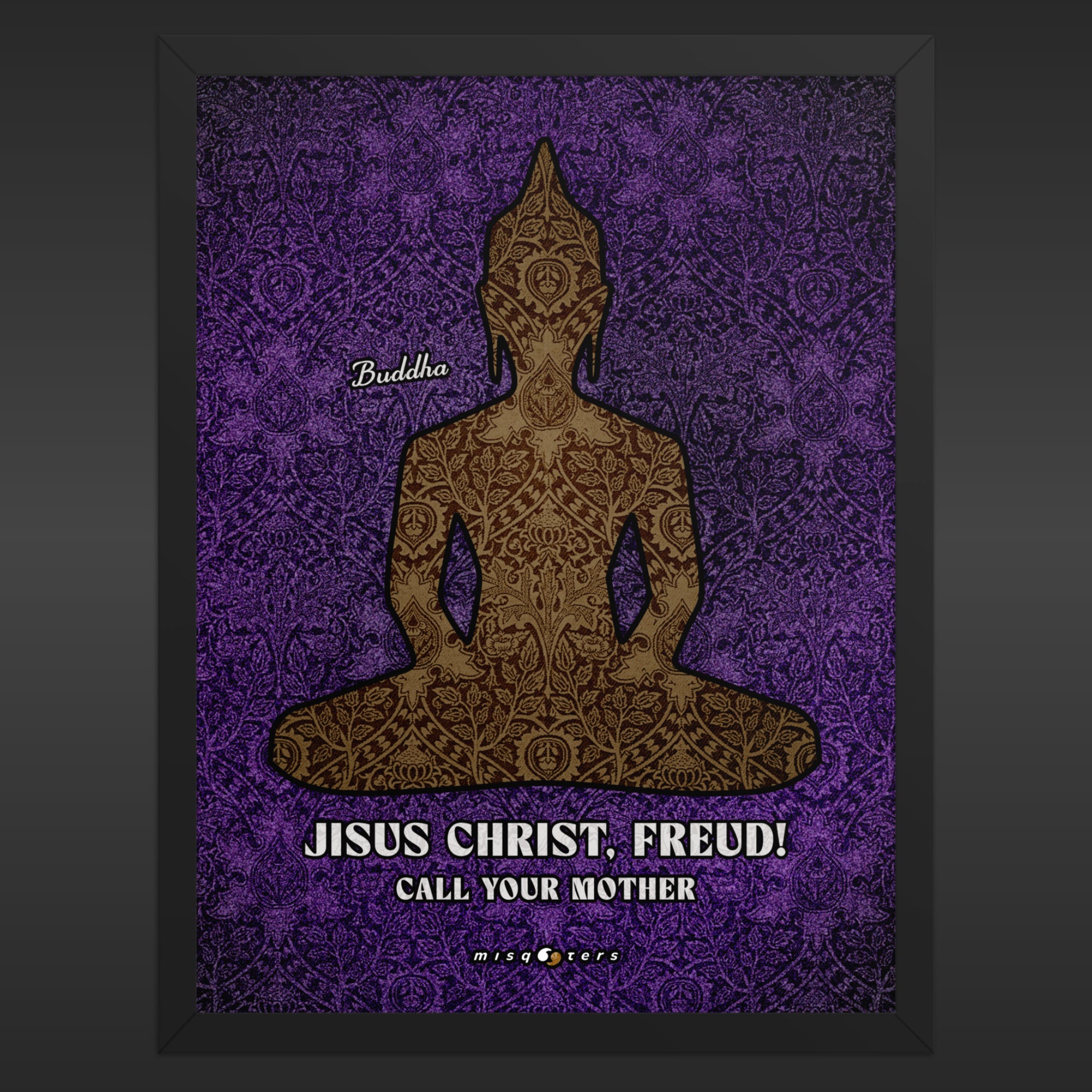 Decorative poster with a Buddha silhouette on a purple patterned background, featuring text.