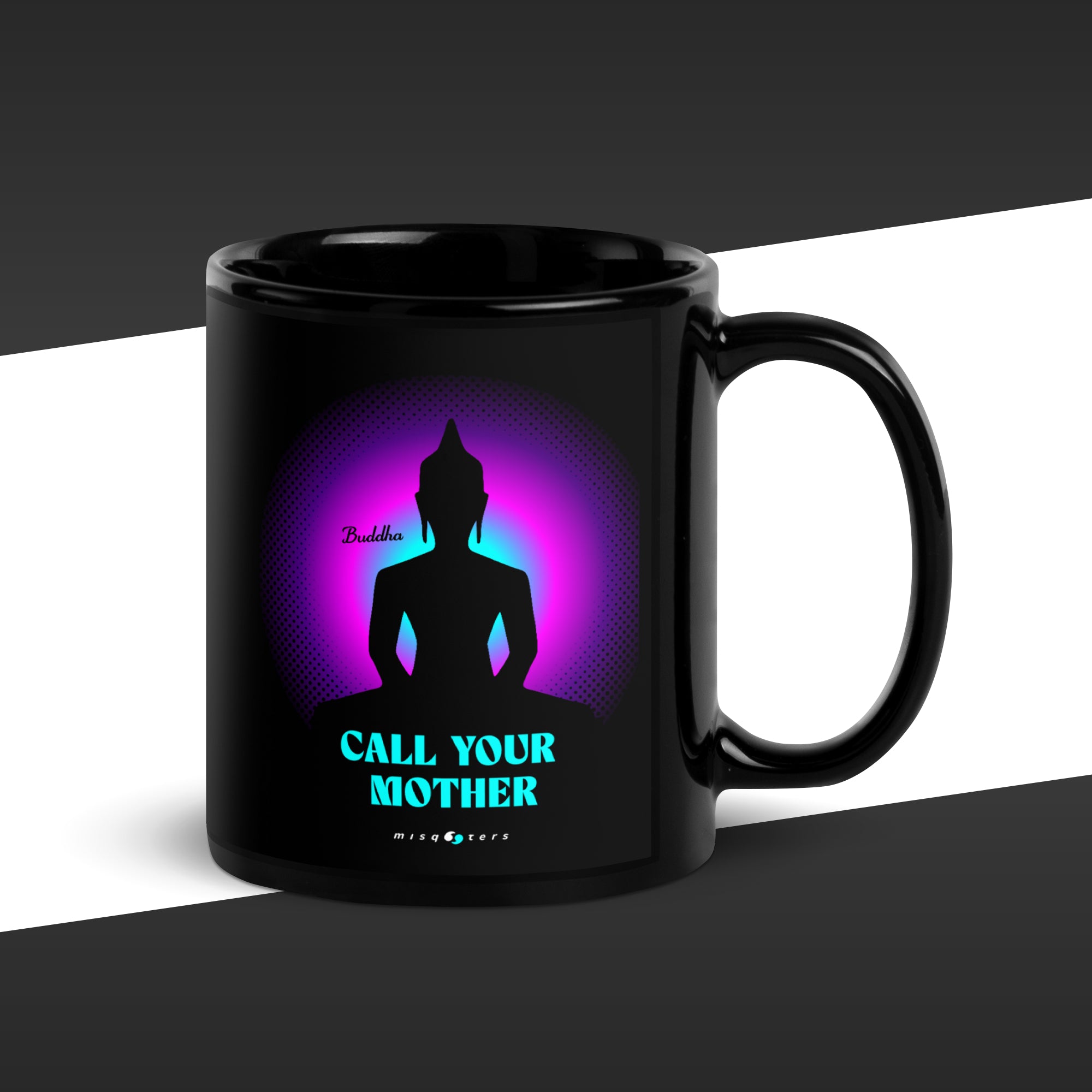 Black mug with a purple silhouette of a meditating figure featuring the fake quote "Jesus Christ, Freud" Call your mother" by Buddha