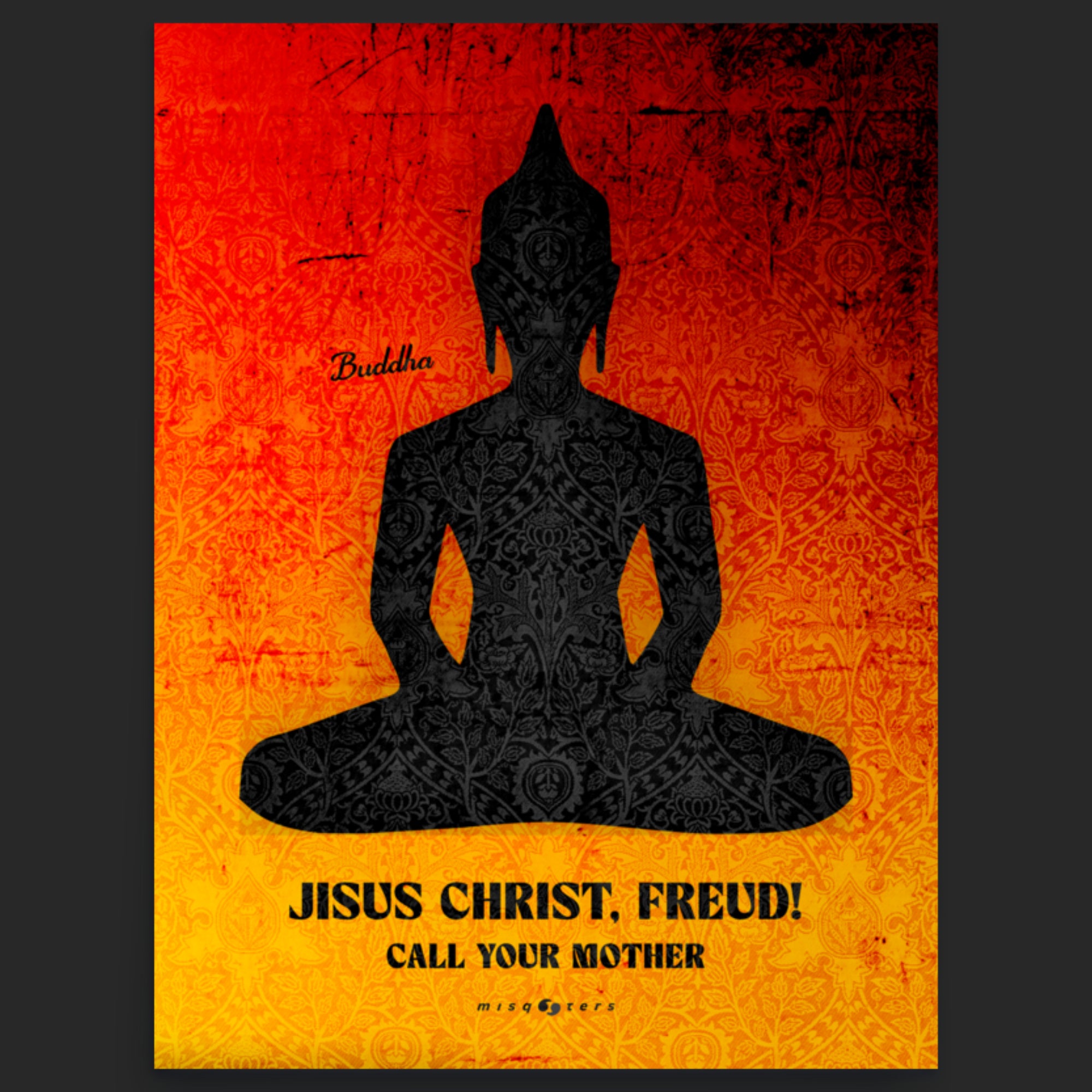 Silhouette of a meditating figure on a red and orange background with text.