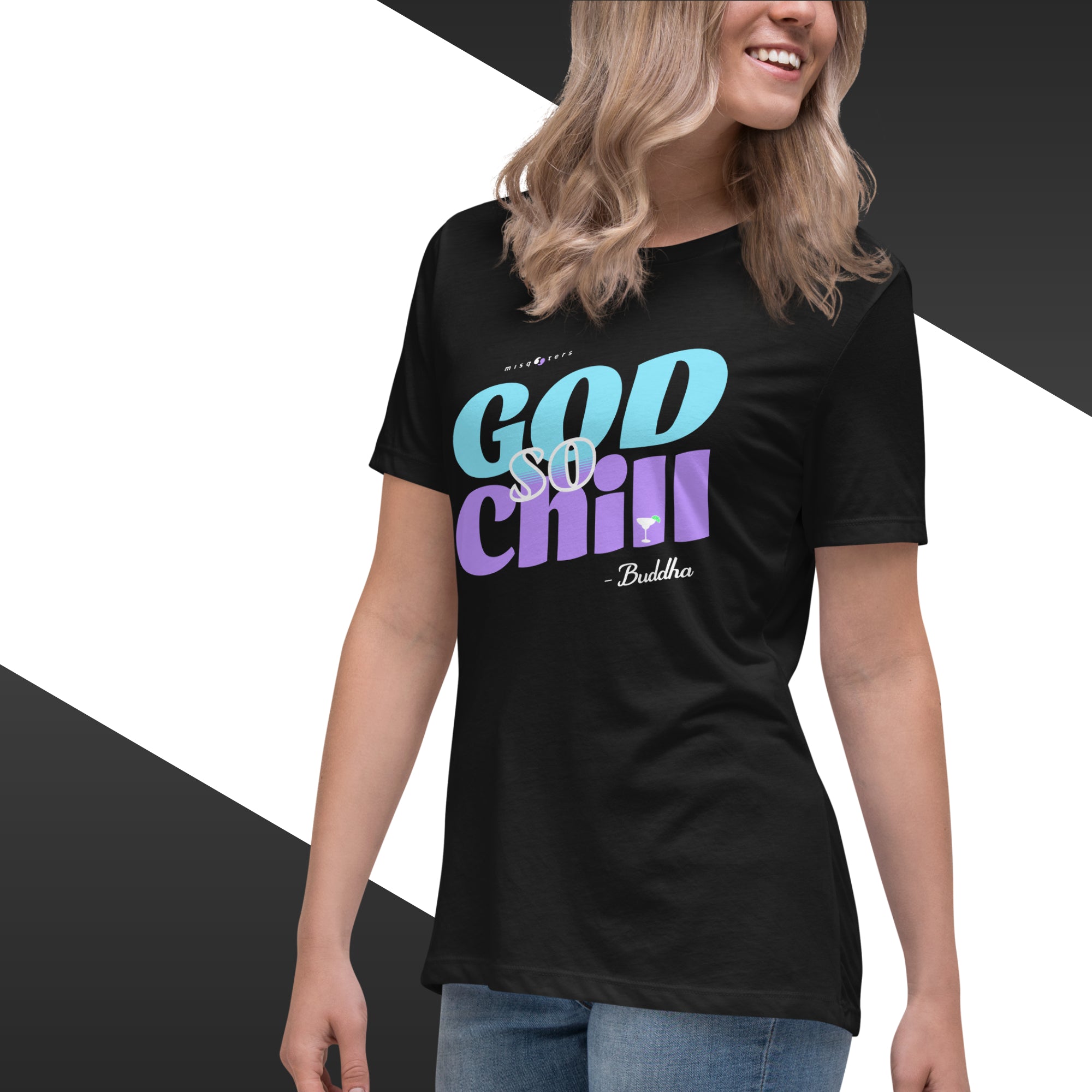 Person wearing a black t-shirt with colorful text design on a white background