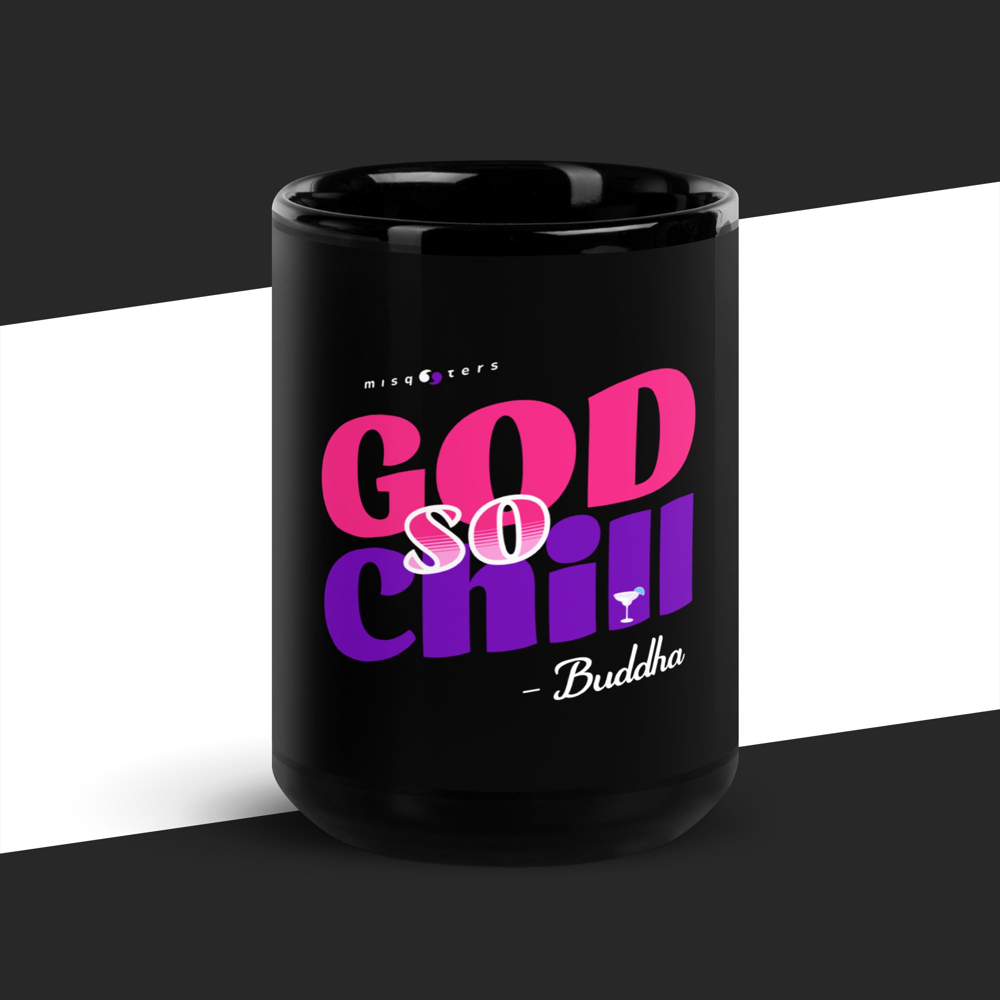 Black mug with a hard pink and hard purple text design on a black and white background