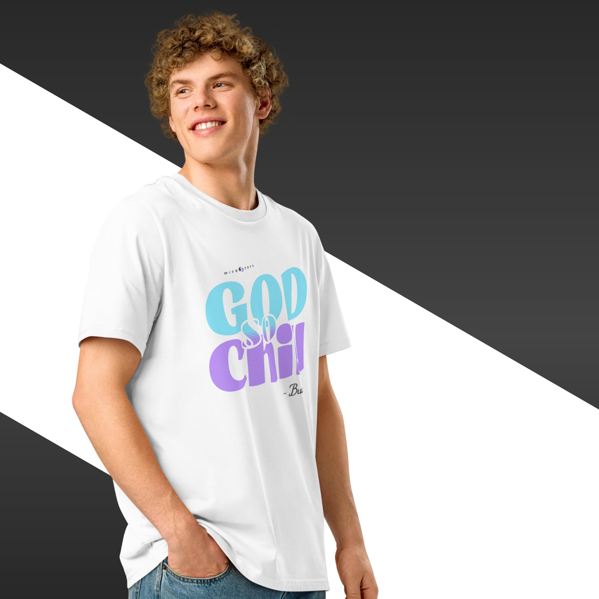 Person wearing a white t-shirt with colorful text design on a black and white background