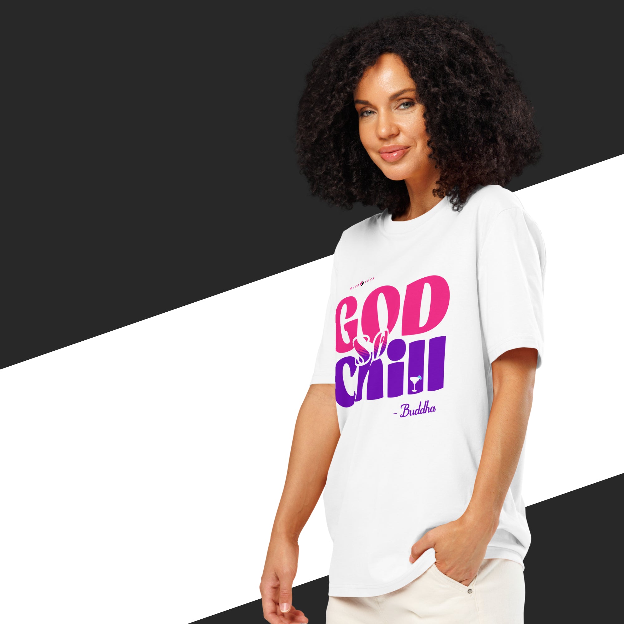 Woman wearing a white t-shirt with colorful text design on a black and white background