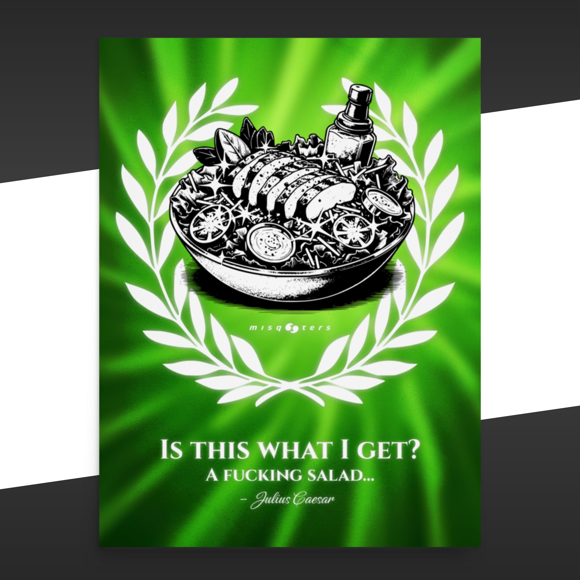 Green poster with black and white illustration of a salad and text on a green background