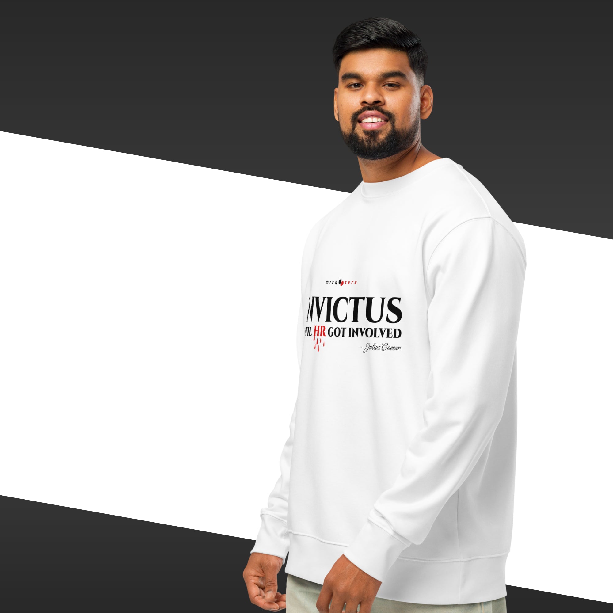 Man wearing a white sweatshirt with text on a black and white background