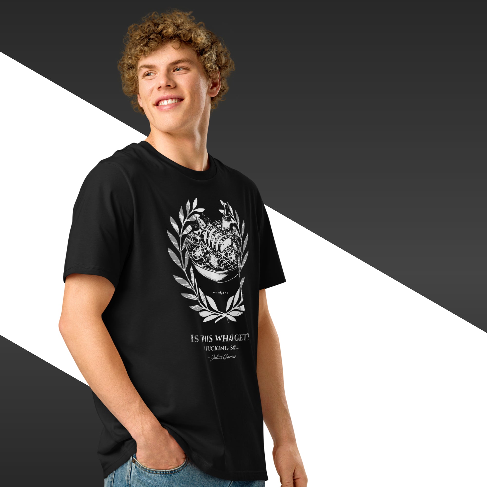 Person wearing a black t-shirt with a graphic design and text on a black and white background