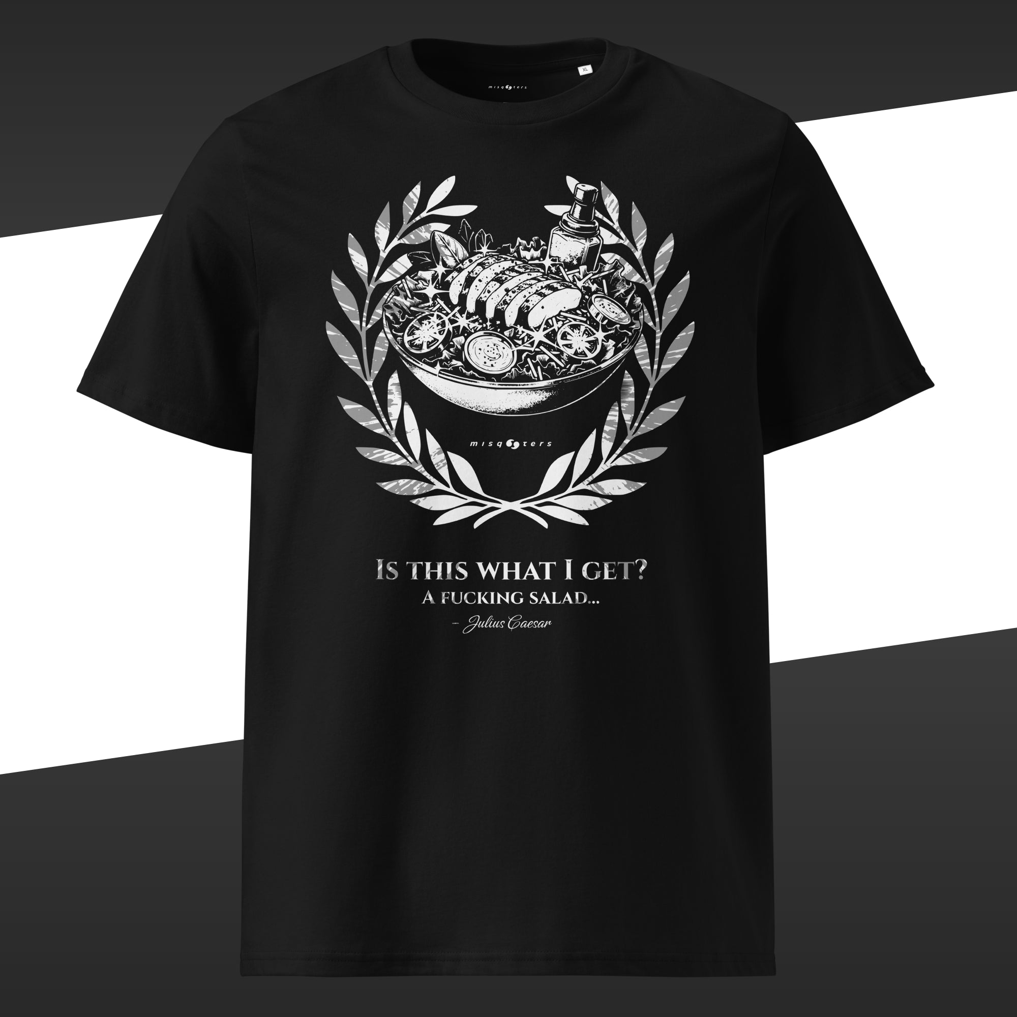 Black t-shirt with white graphic and text on a black and white background