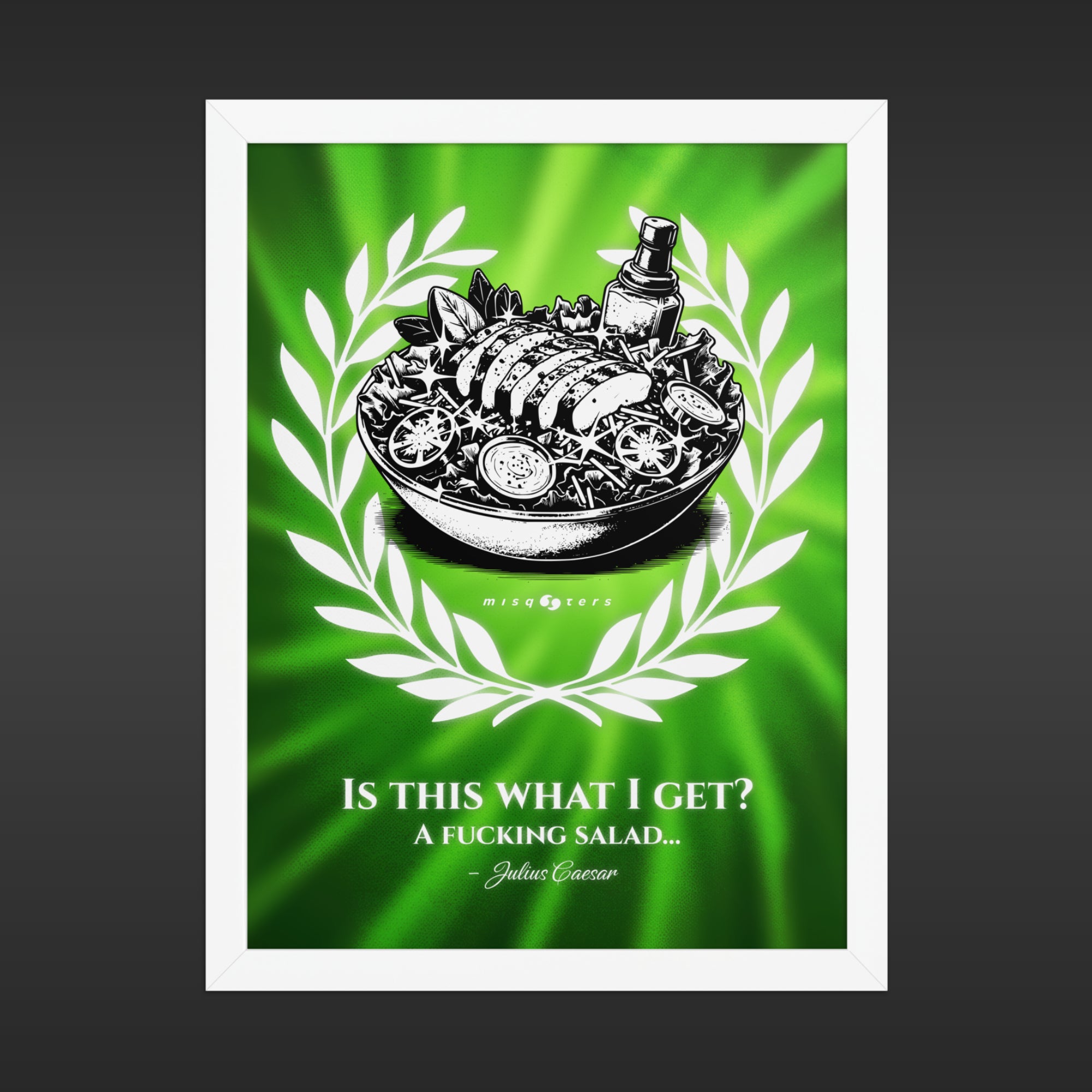 Framed poster of a salad with text on a green background