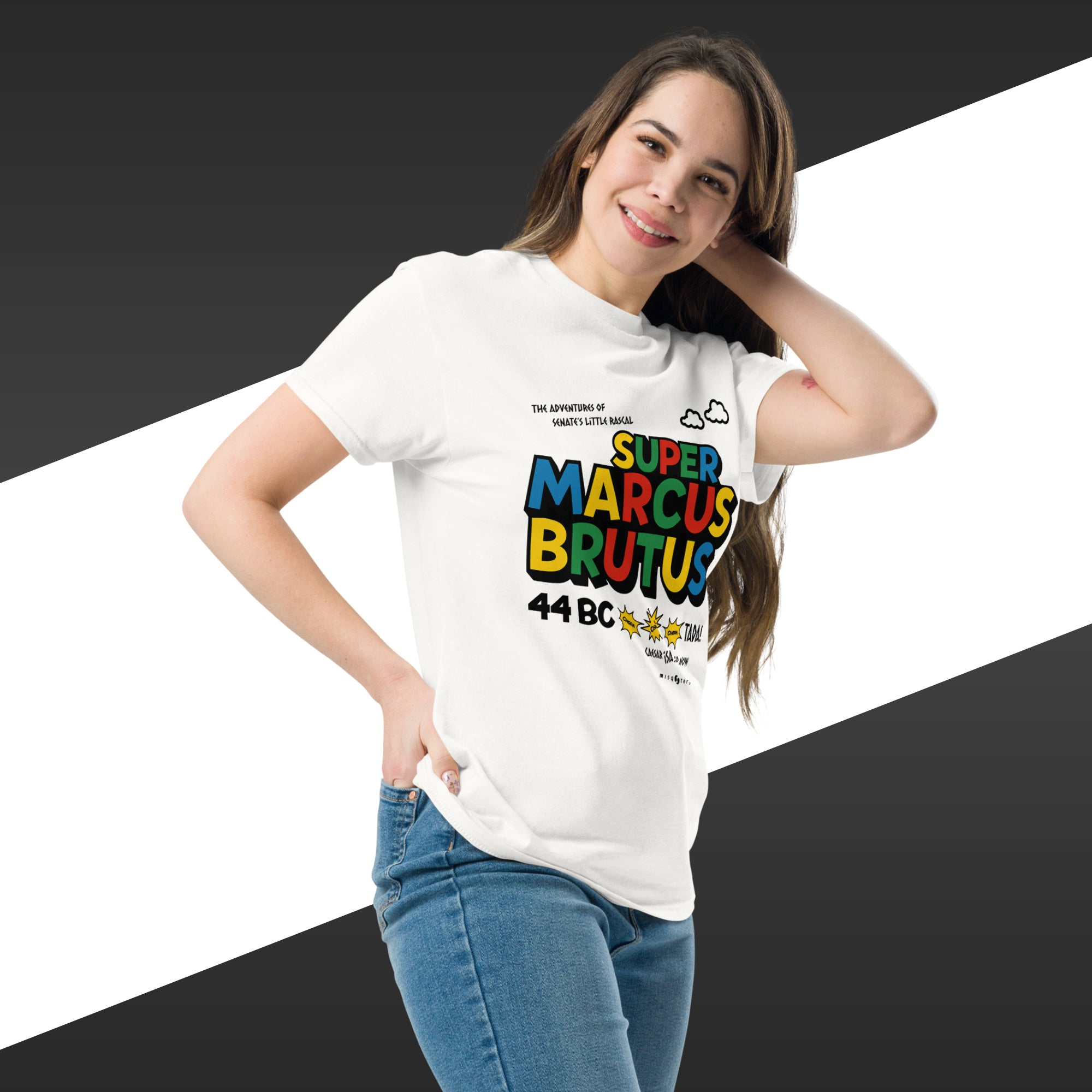 Woman wearing a white t-shirt with colorful text design on a black and white background