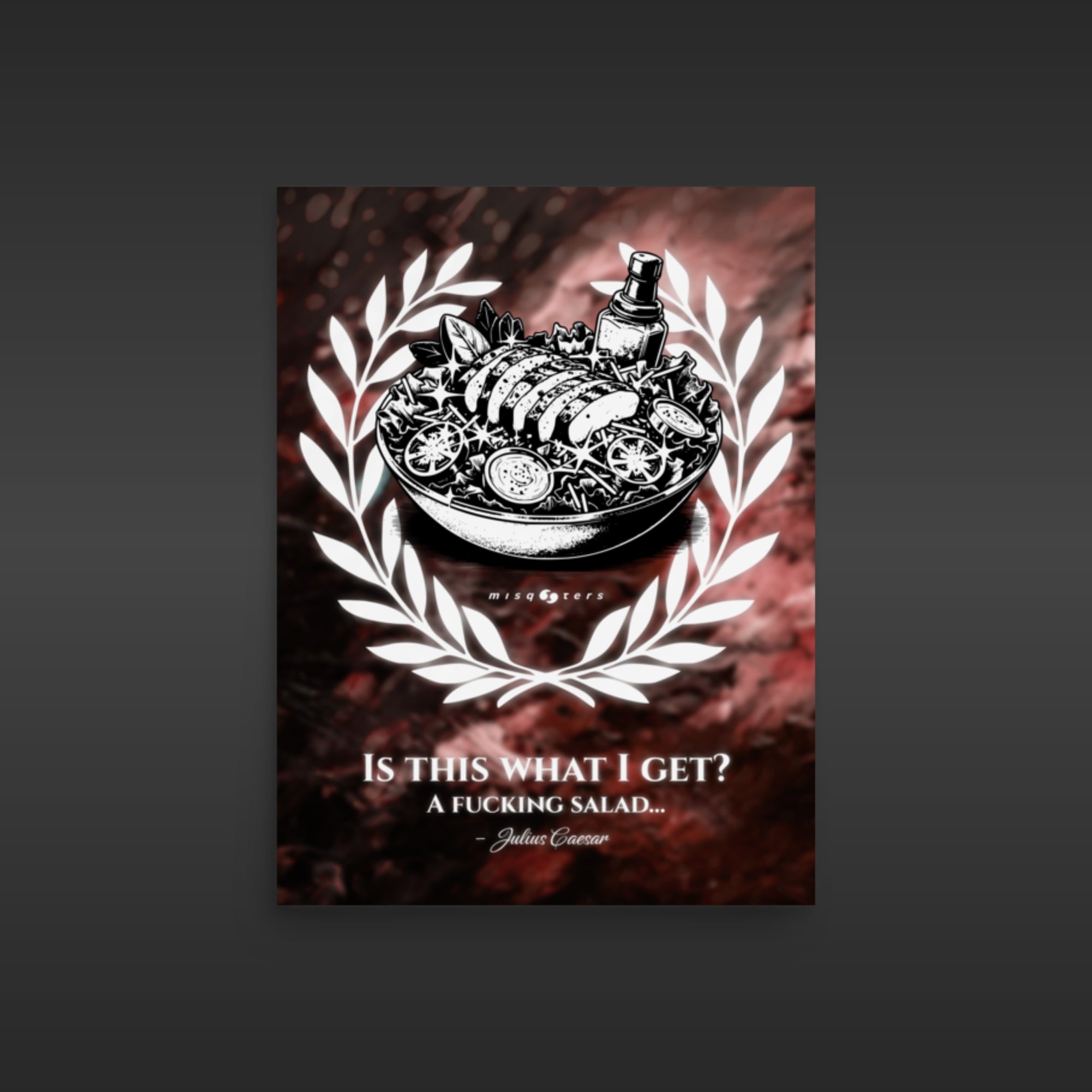Poster with a black and white illustration of a salad and text on a dark background