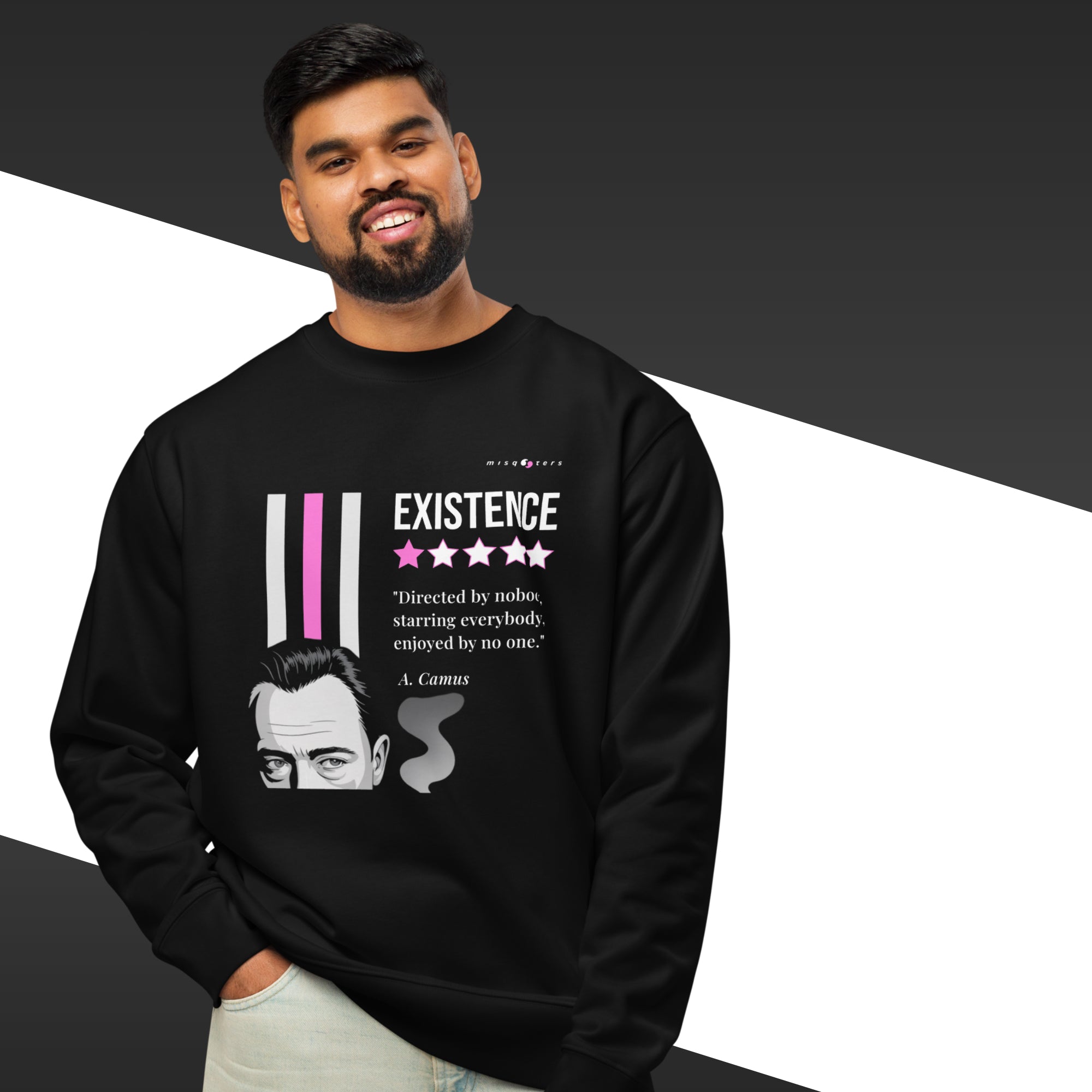 Person wearing a black sweatshirt with a graphic design and text.